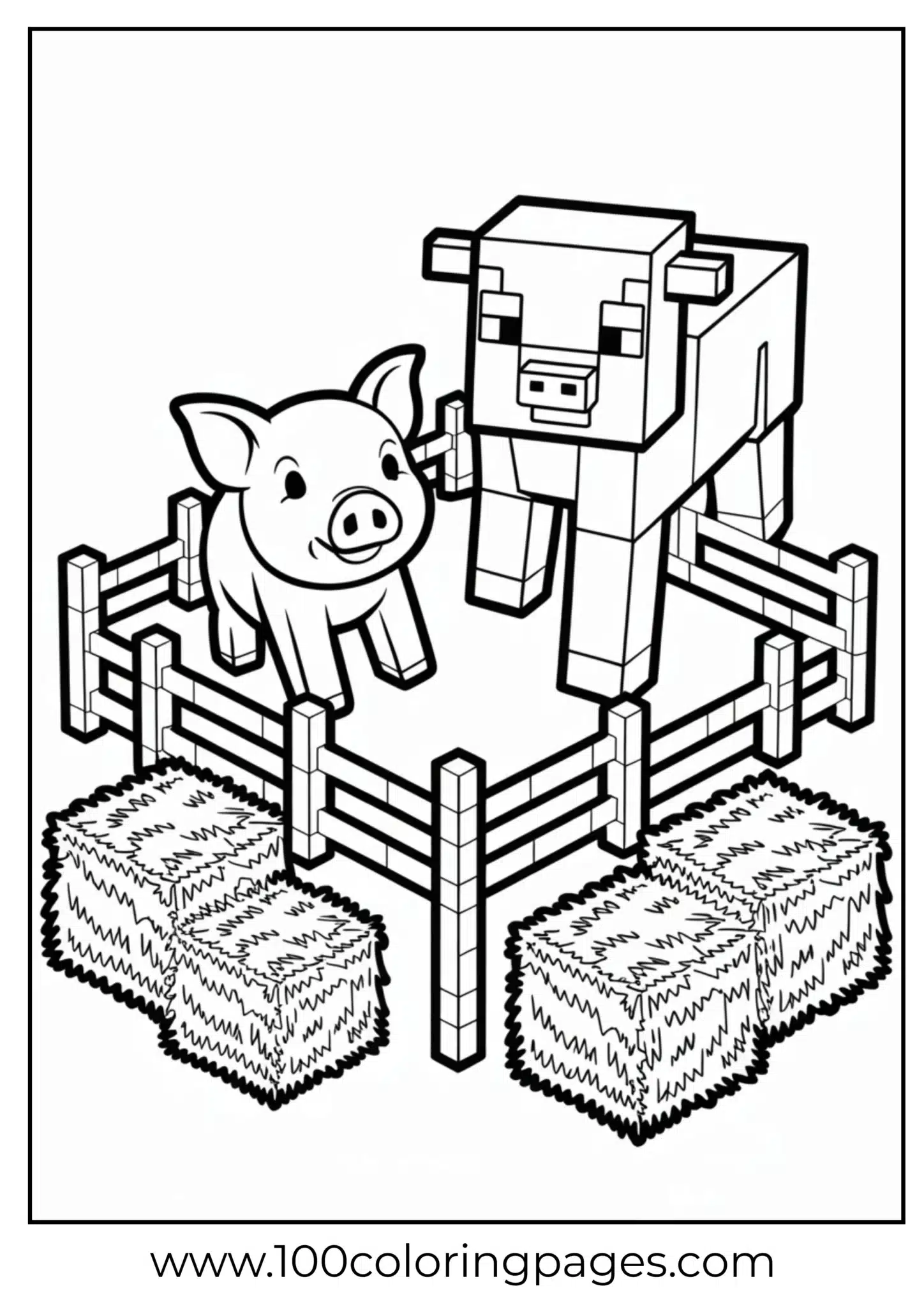 A pig and a cow in a pen with hay bales coloring page