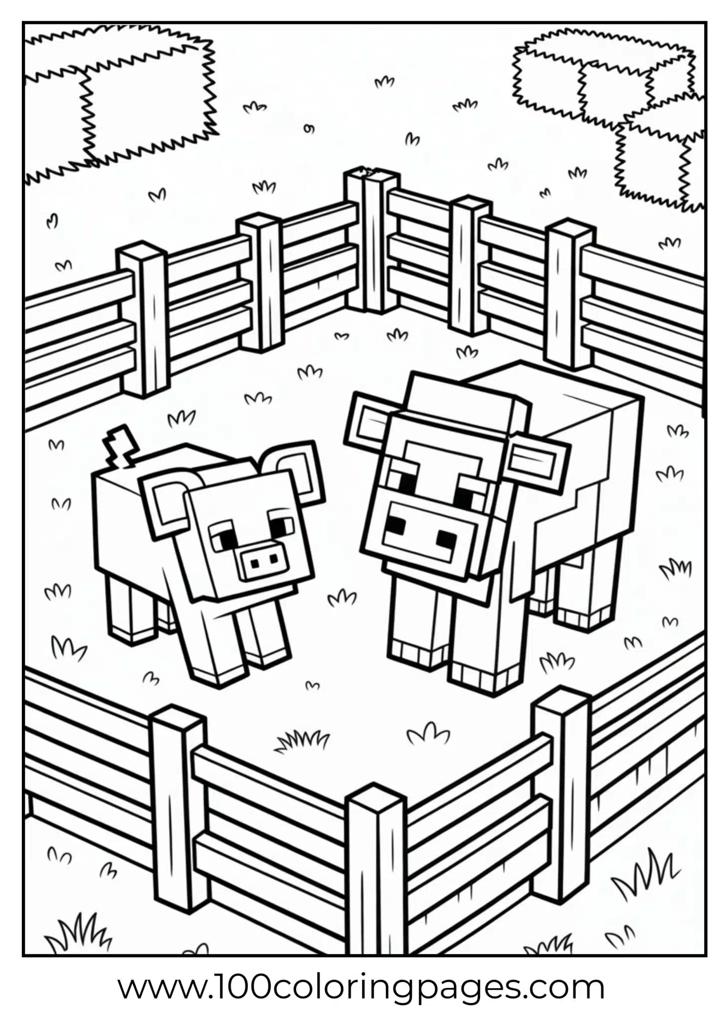 Three cartoon pigs inside a wooden fence on a farm