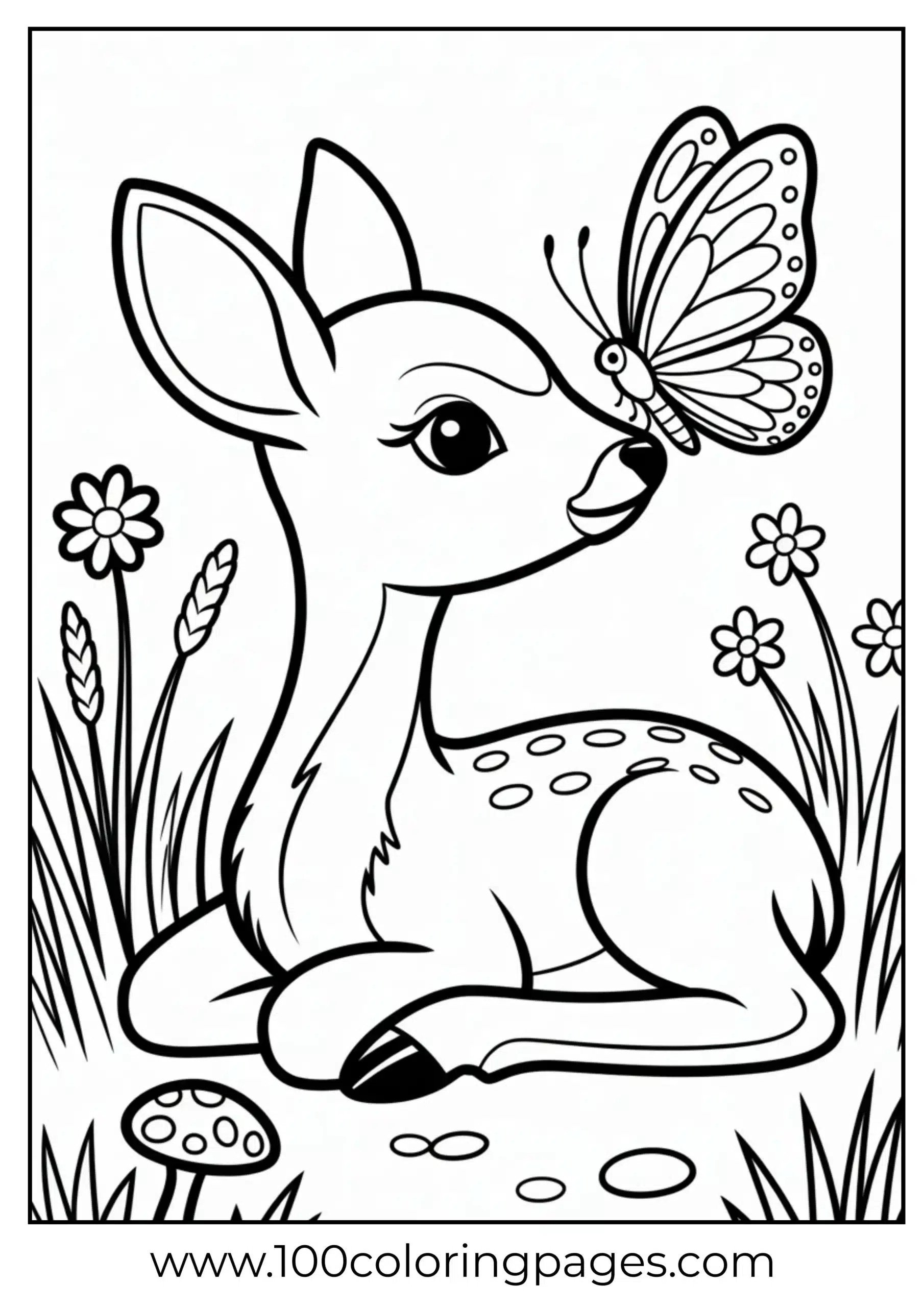 Deer fawn with butterfly on nose coloring page
