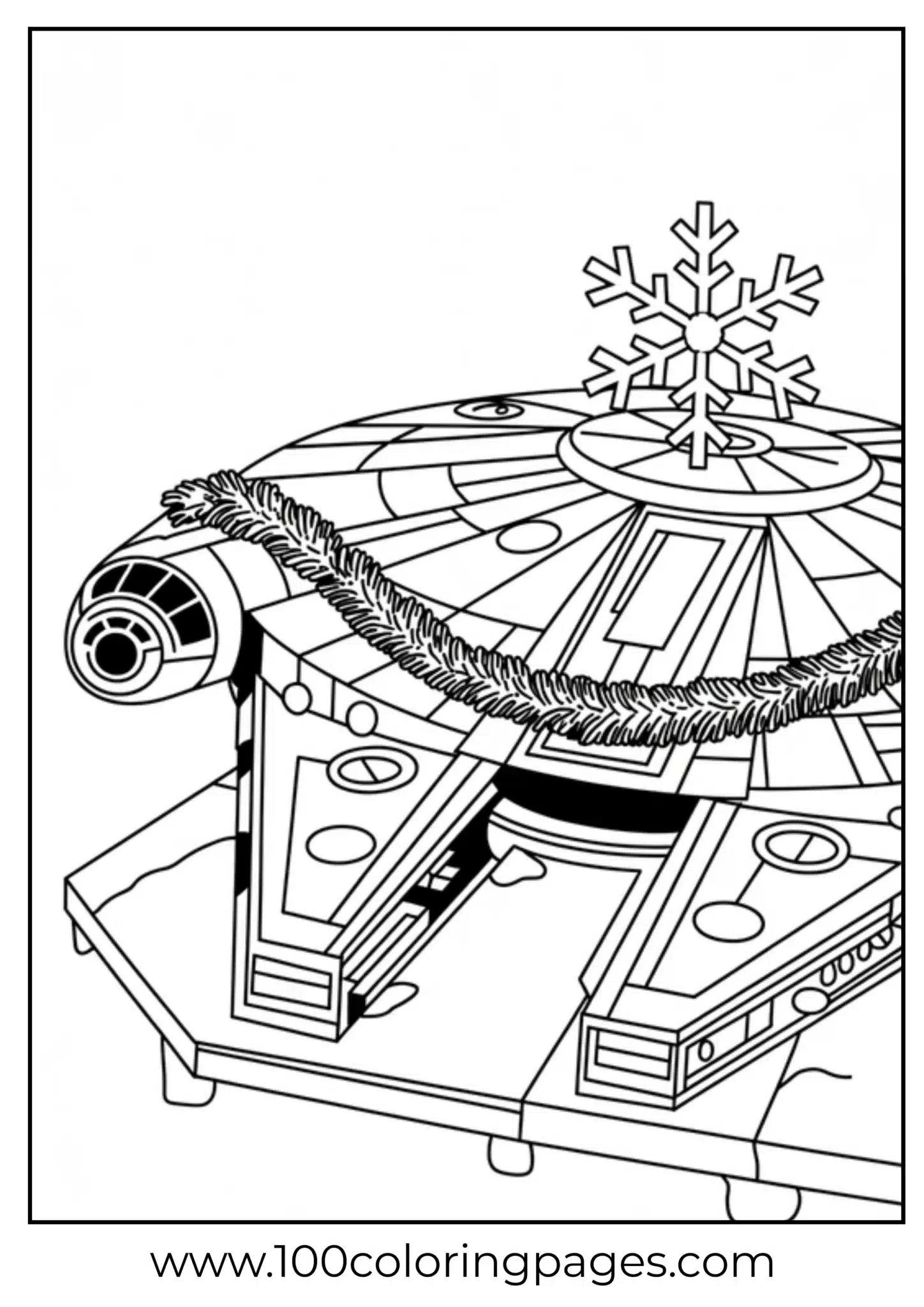 Black and white image of a decorated spacecraft coloring page
