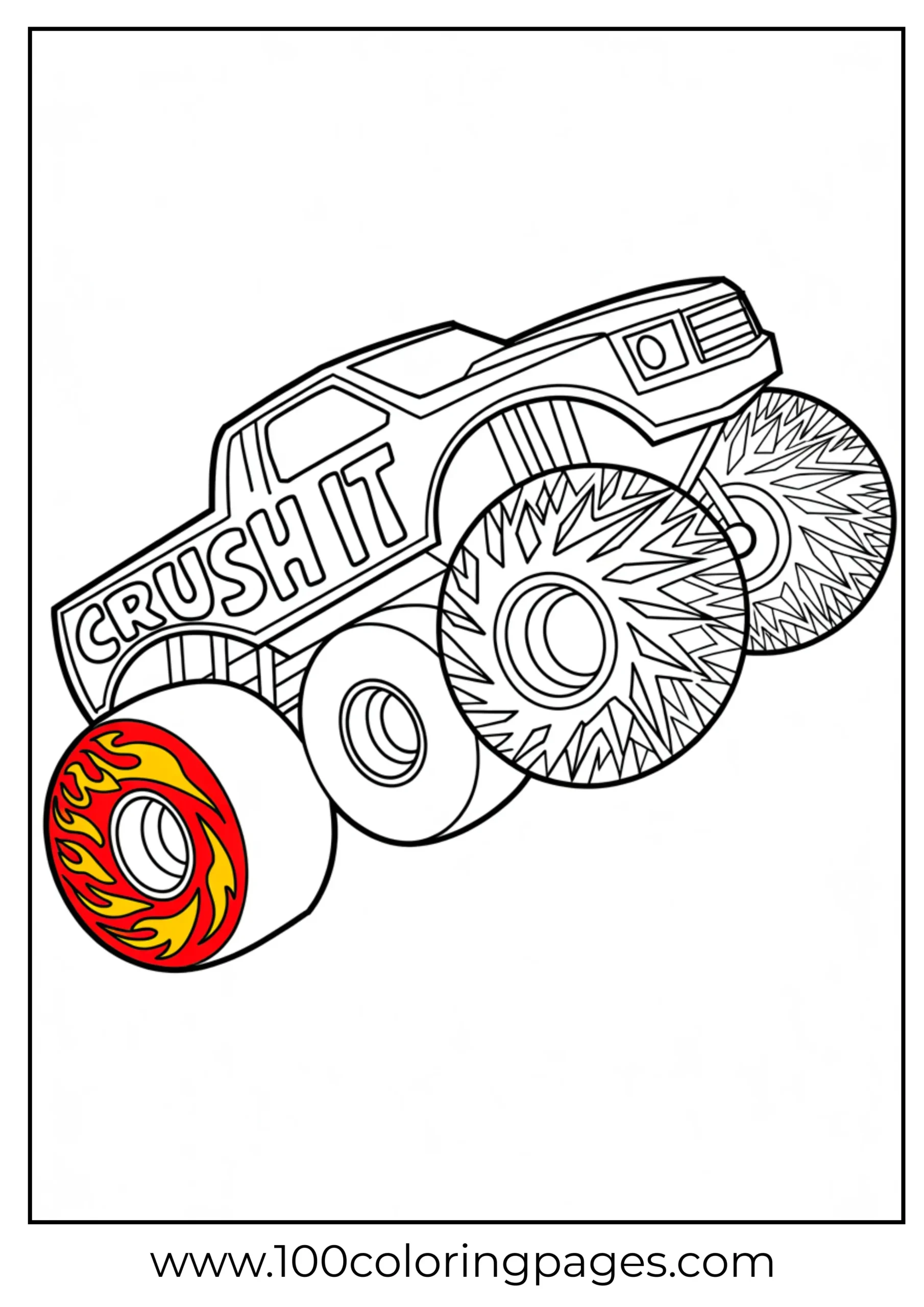 Truck half hot flames, half icy frost tires