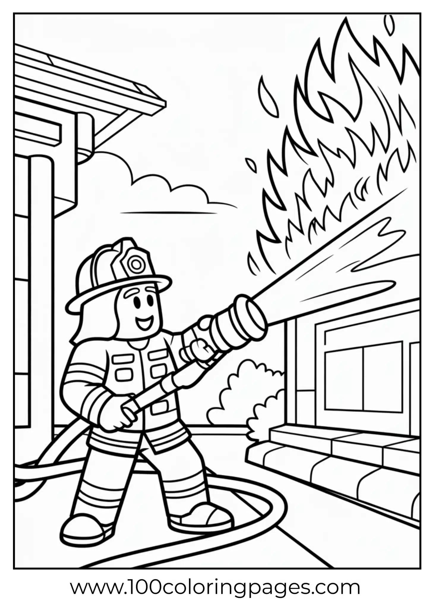 Firefighter using hose to extinguish a building fire