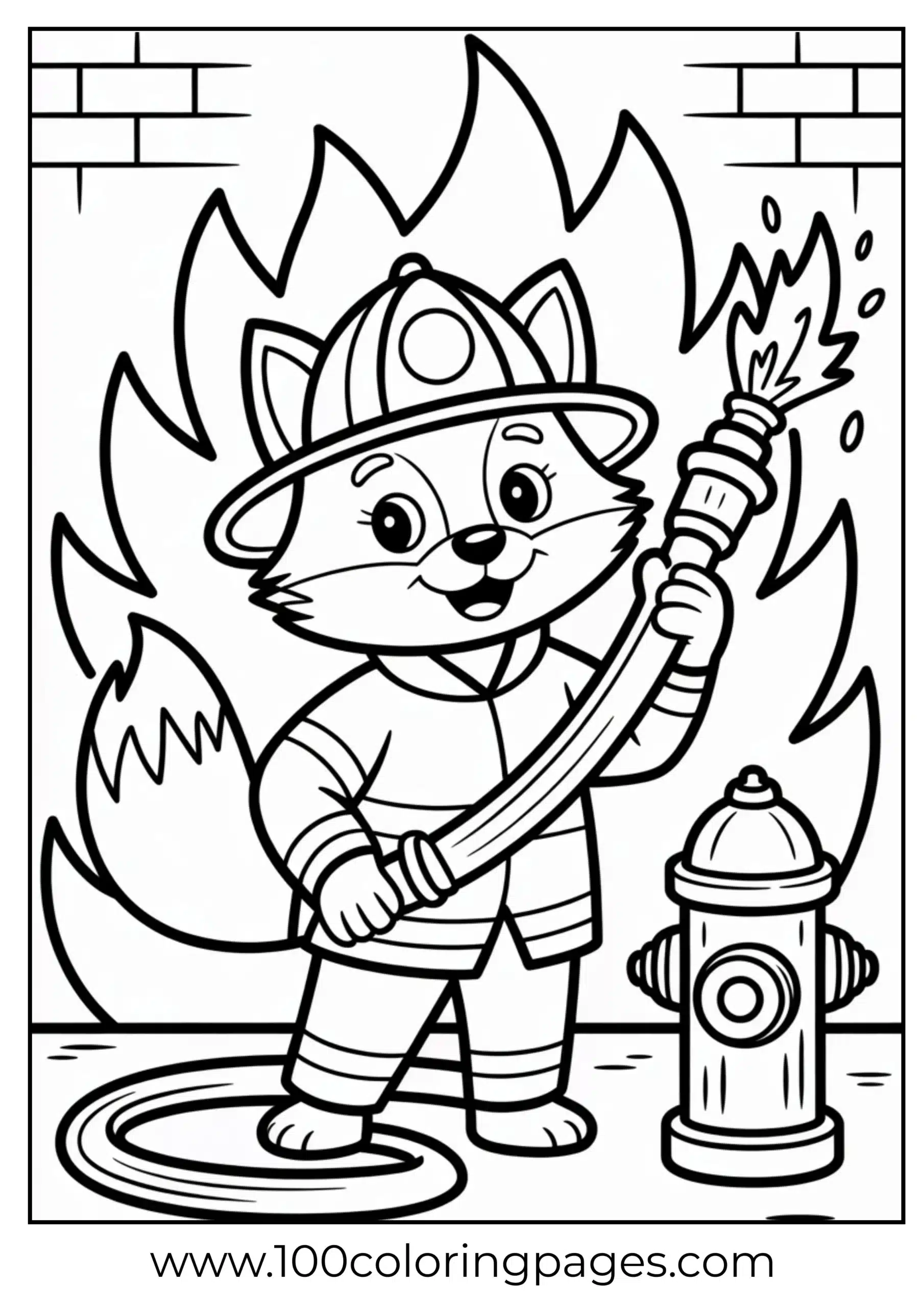 Fox dressed in firefighter gear with hose