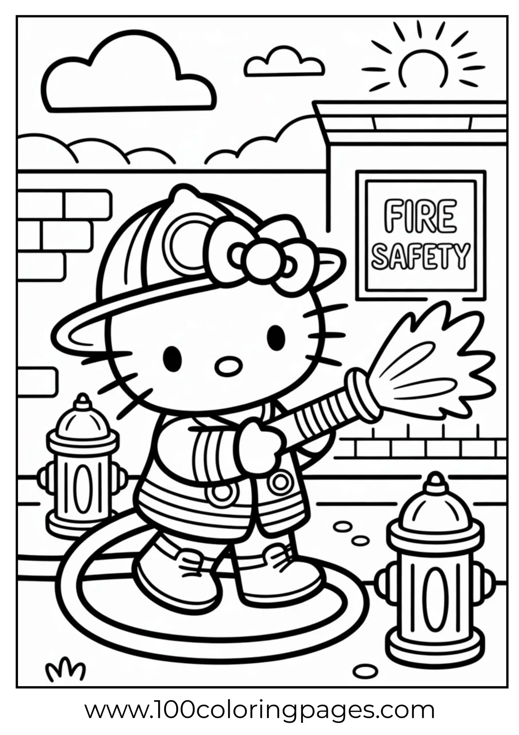 Hello Kitty as firefighter coloring page