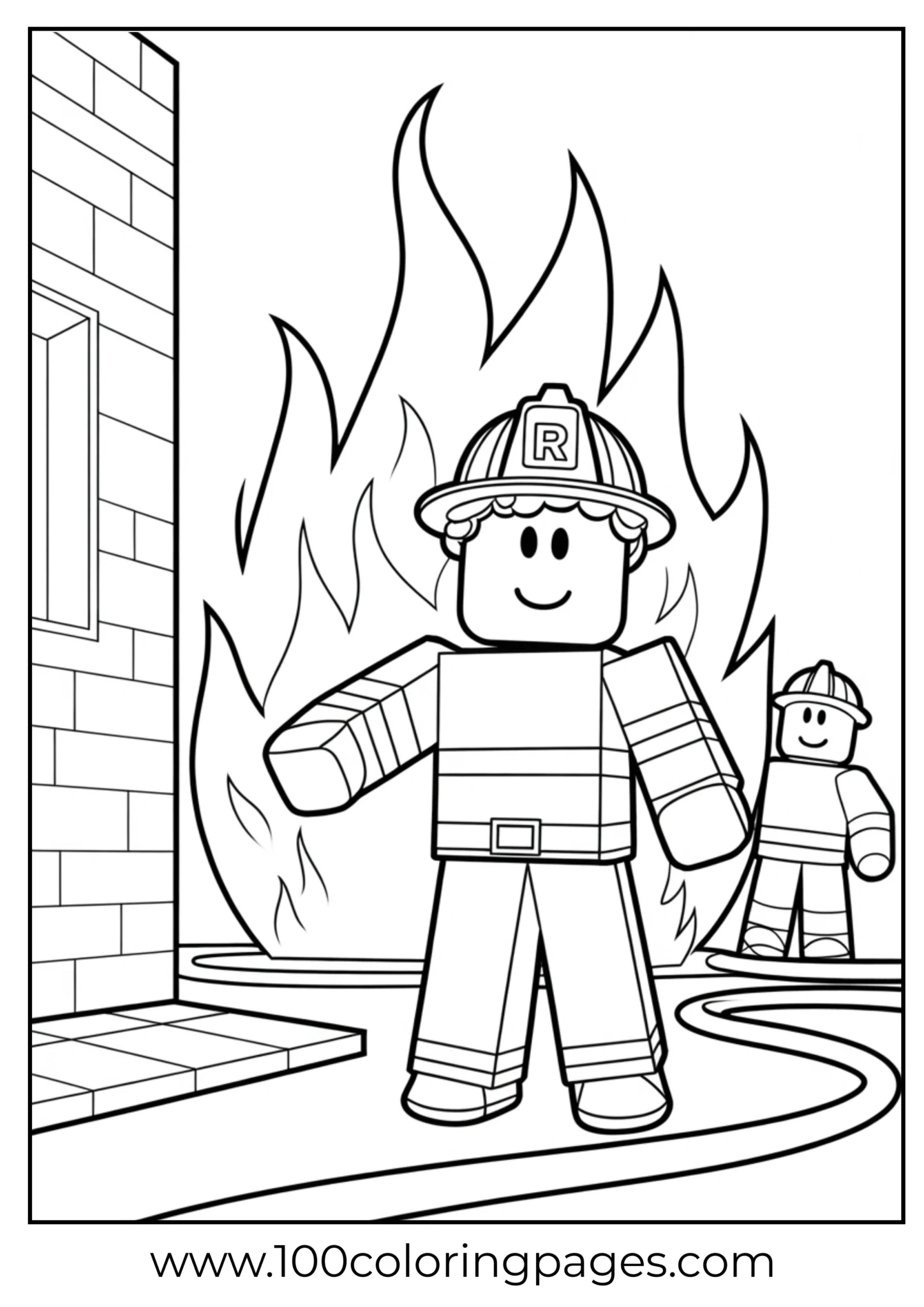Firefighter hero standing bravely with big fire in the background