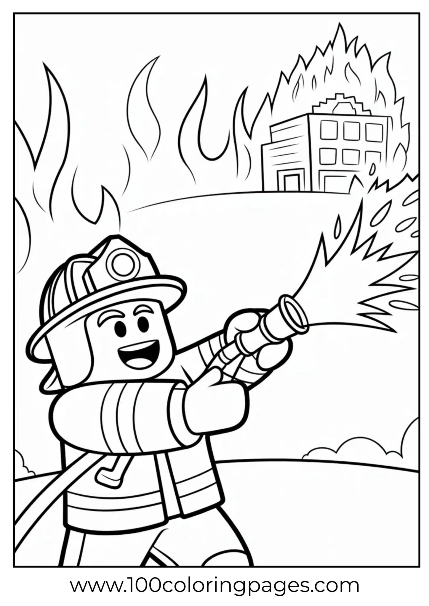 Firefighter with hose extinguishing a large building fire