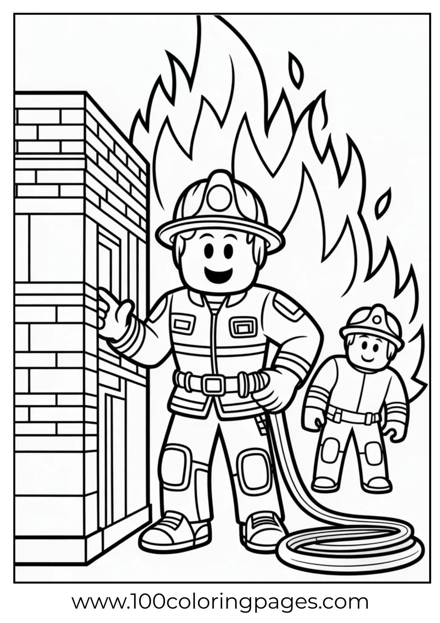 Two cartoon firefighters extinguishing a fire at a building
