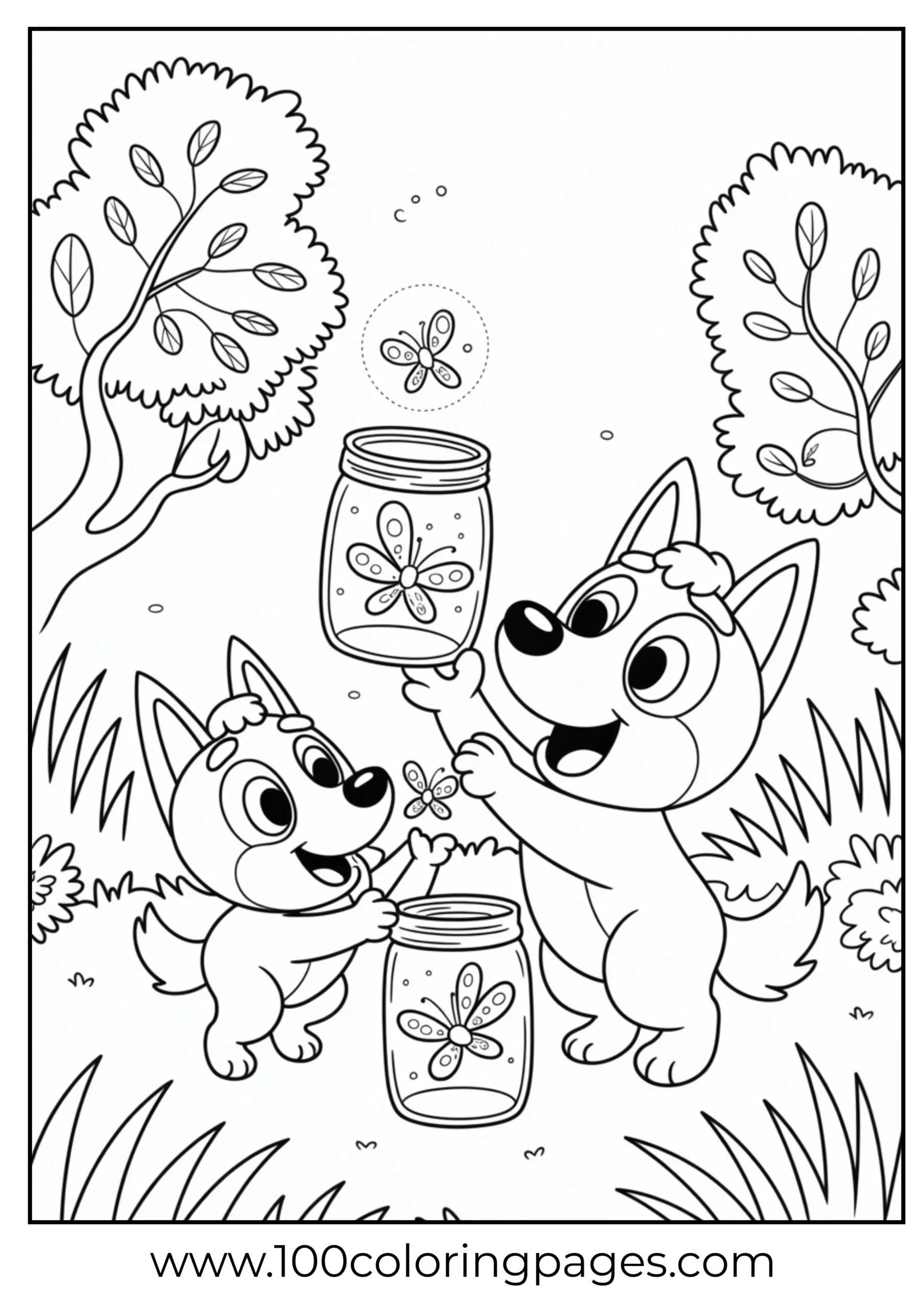 Bluey and Bingo catching fireflies coloring page