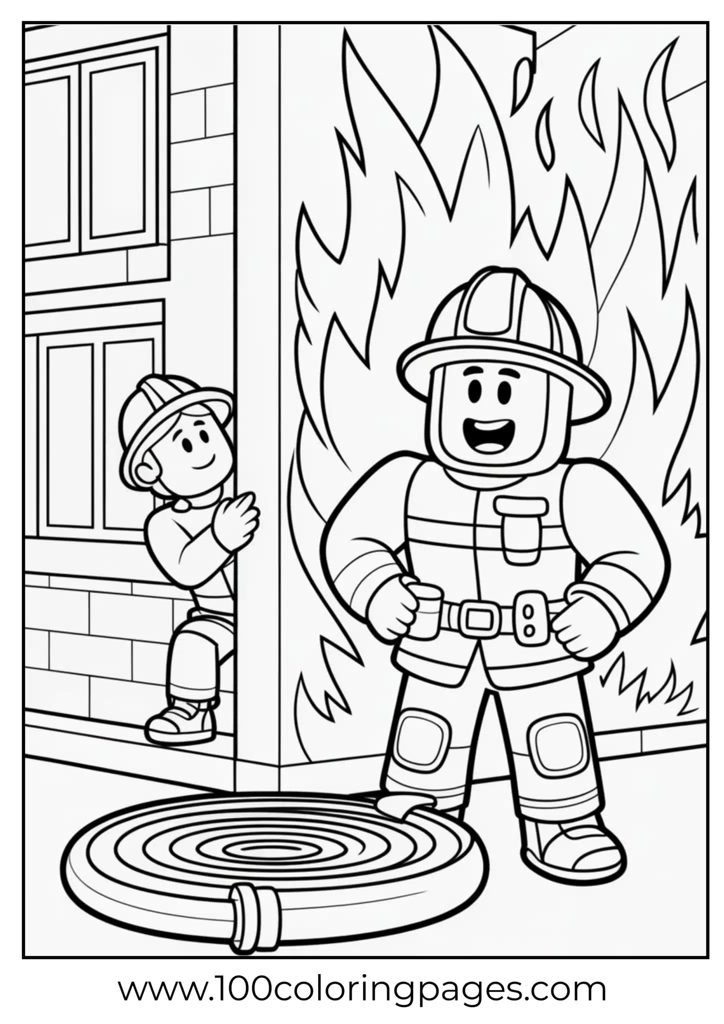Fireman with a hose and a child by a burning building