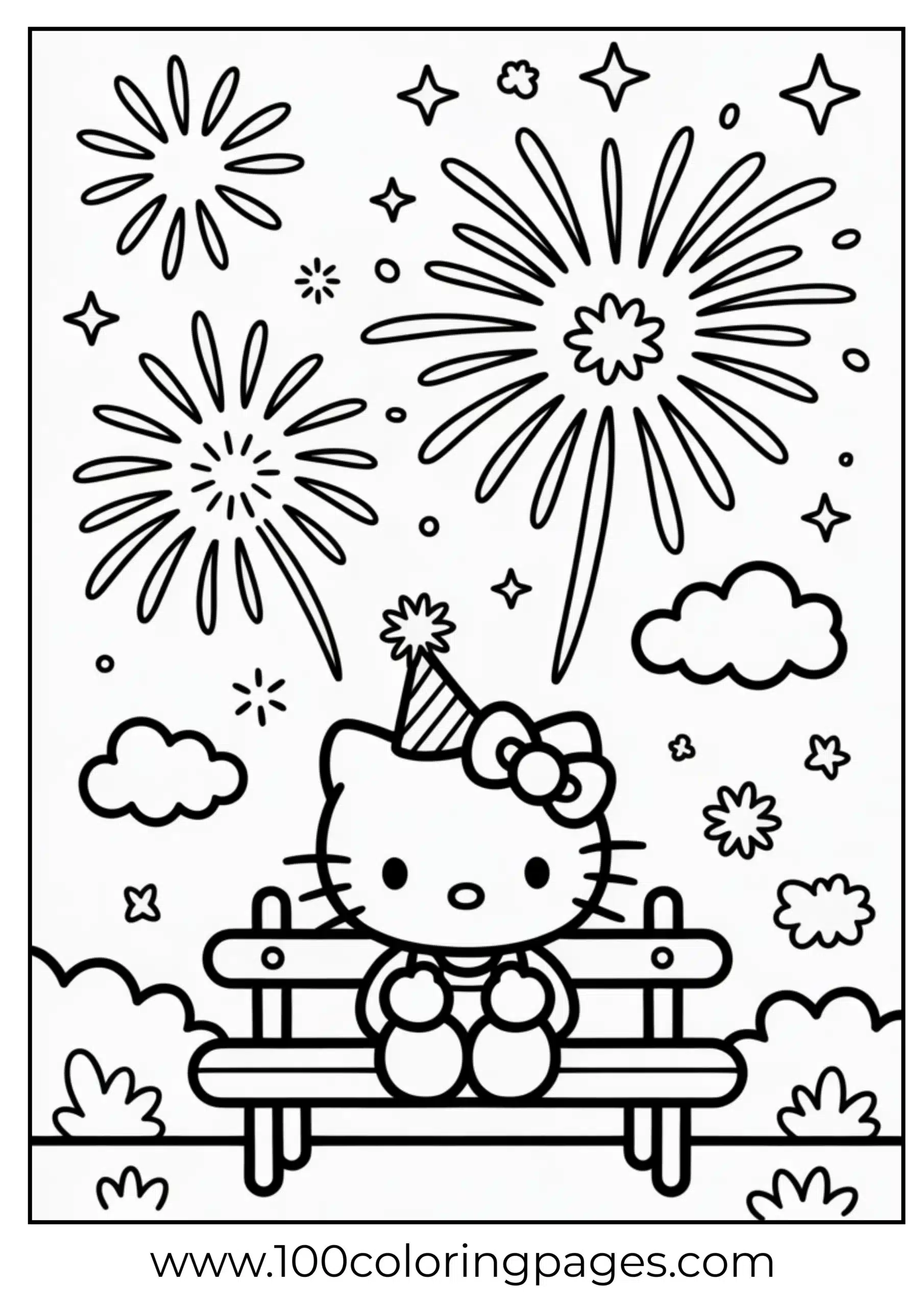 Hello Kitty watching fireworks coloring page
