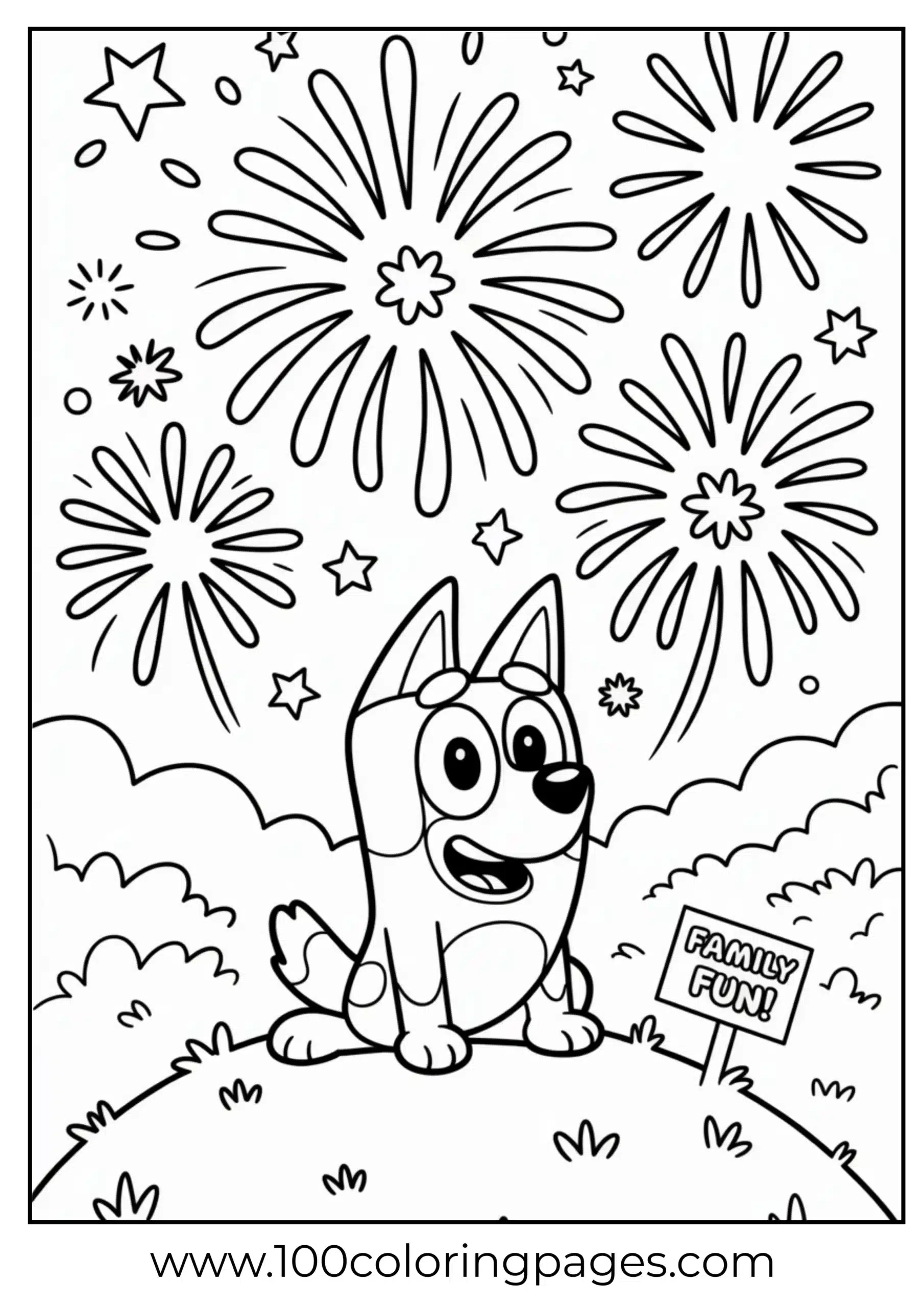 Bluey watching fireworks coloring page