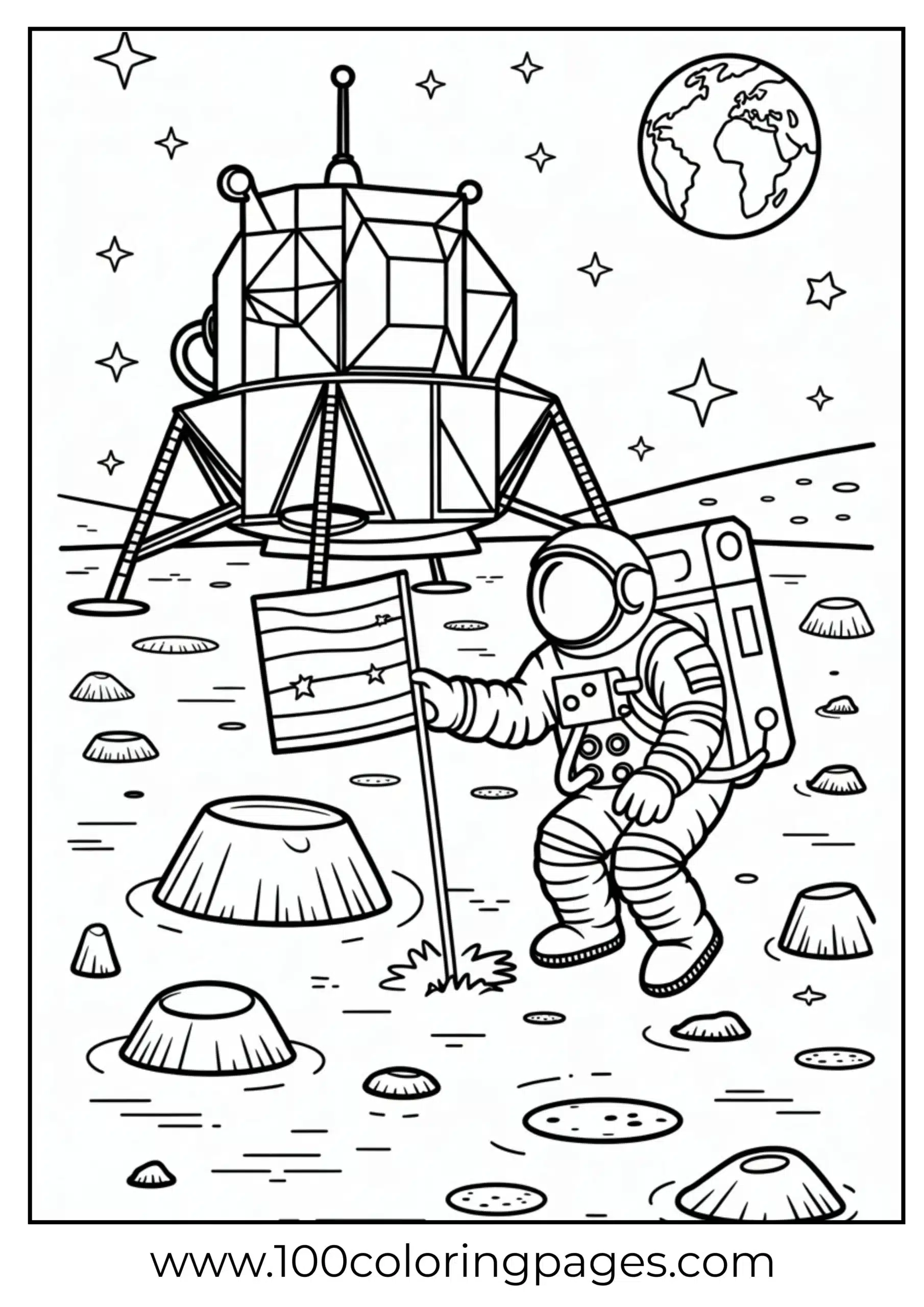 Astronaut moon landing coloring page