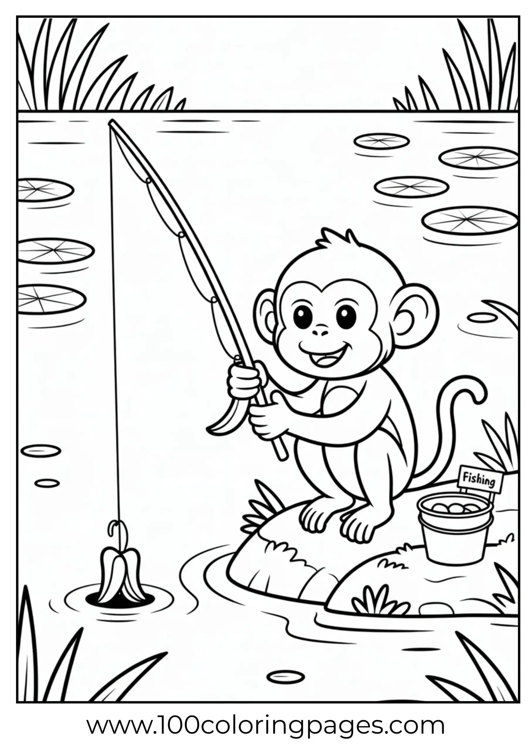 Monkey fishing at lake with banana rod coloring page