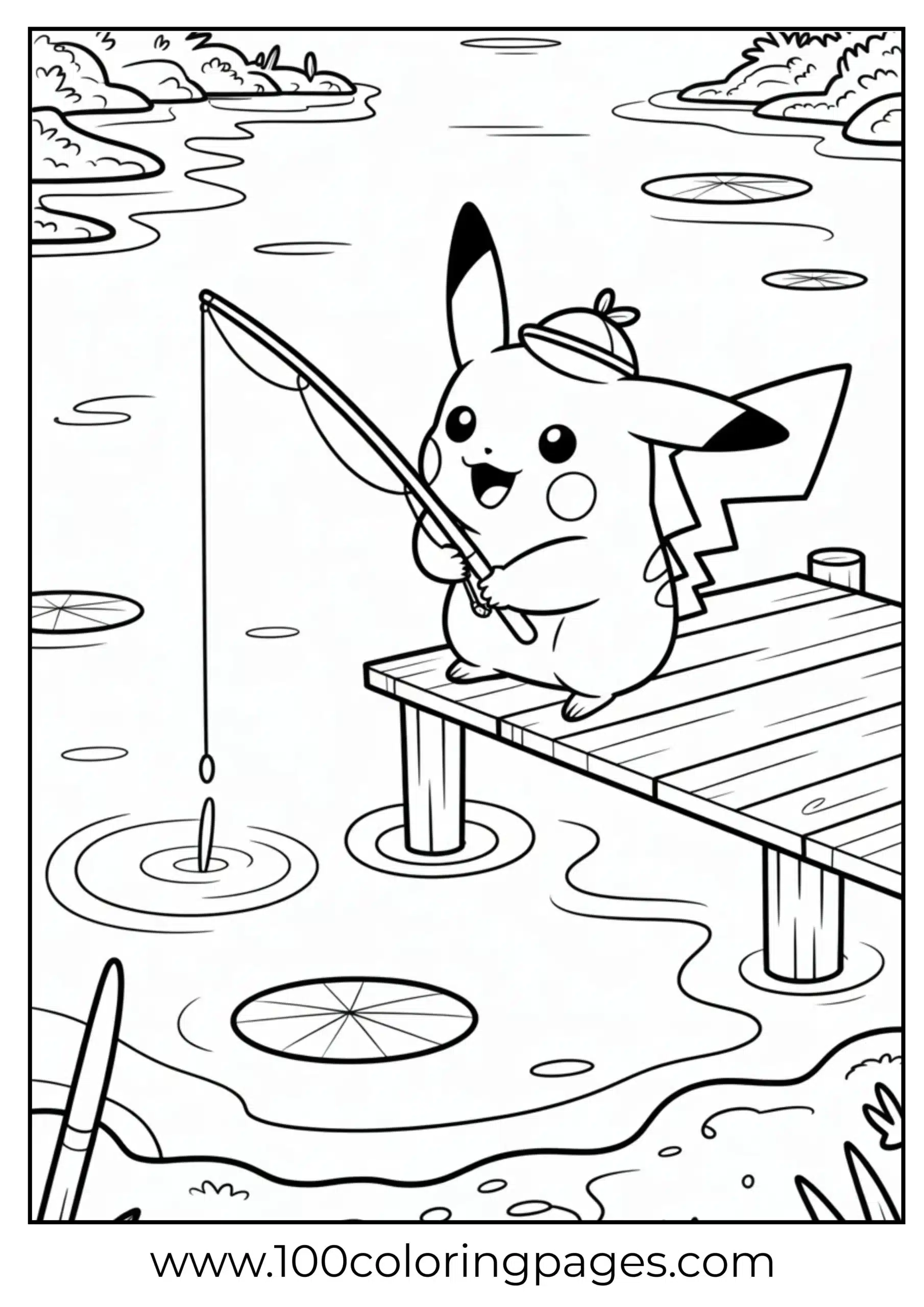 Pikachu fishing peacefully on dock