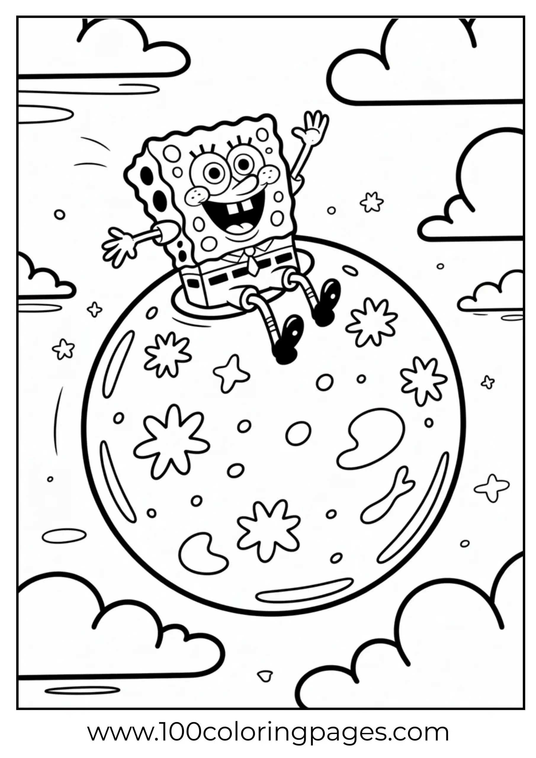 SpongeBob flying up on large bubble as coloring page