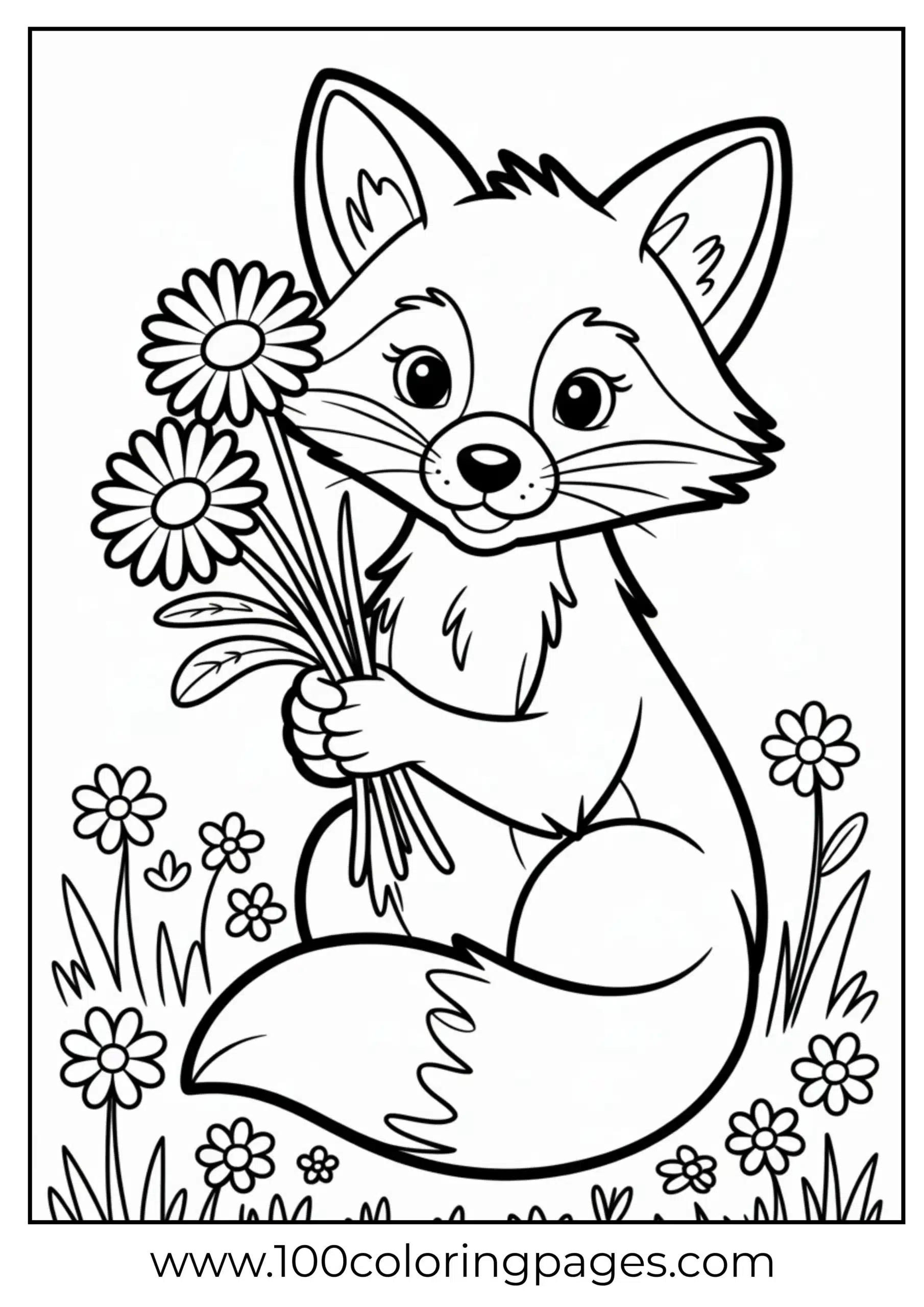 Fox holding daisy bouquet with smile