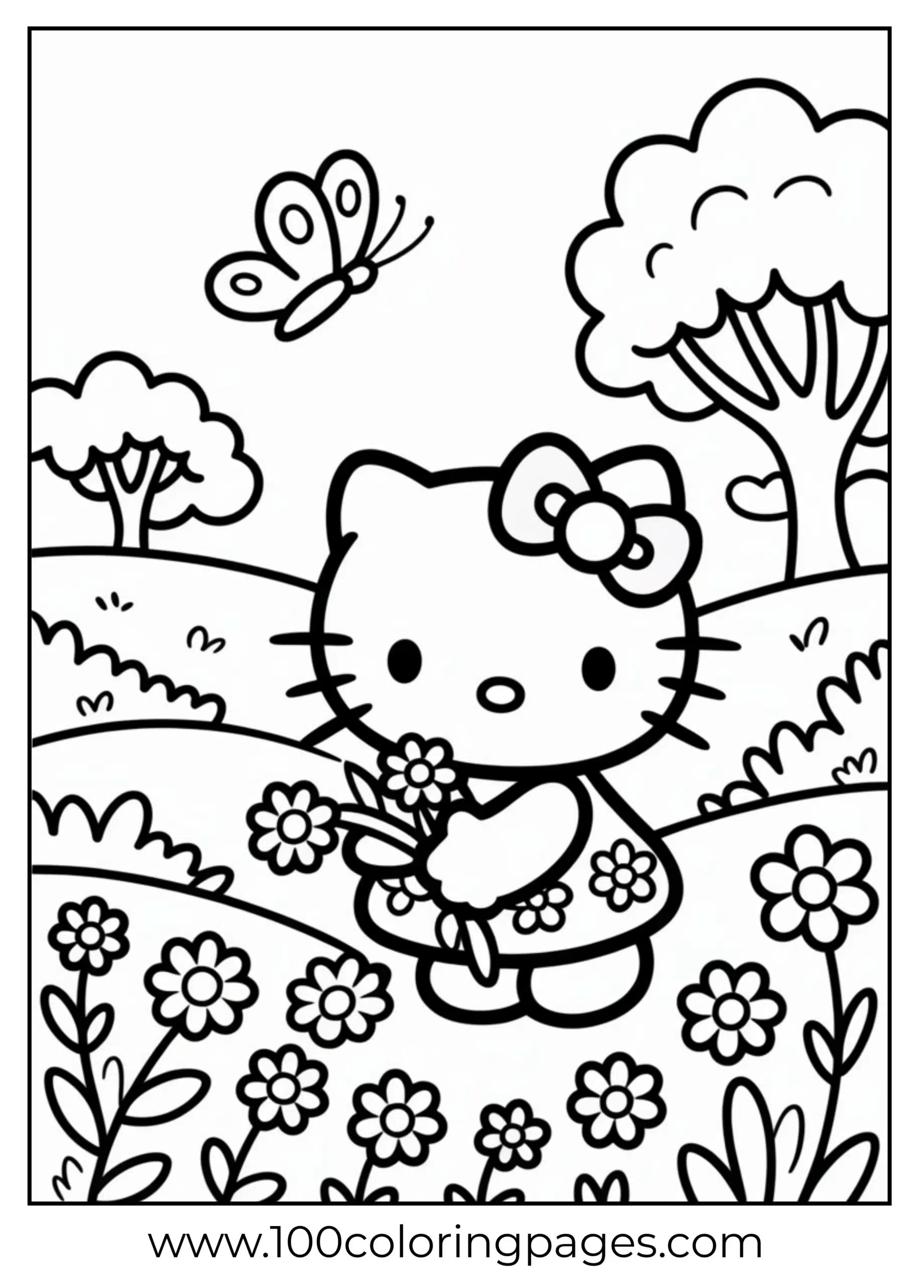 Hello Kitty picking flowers coloring page