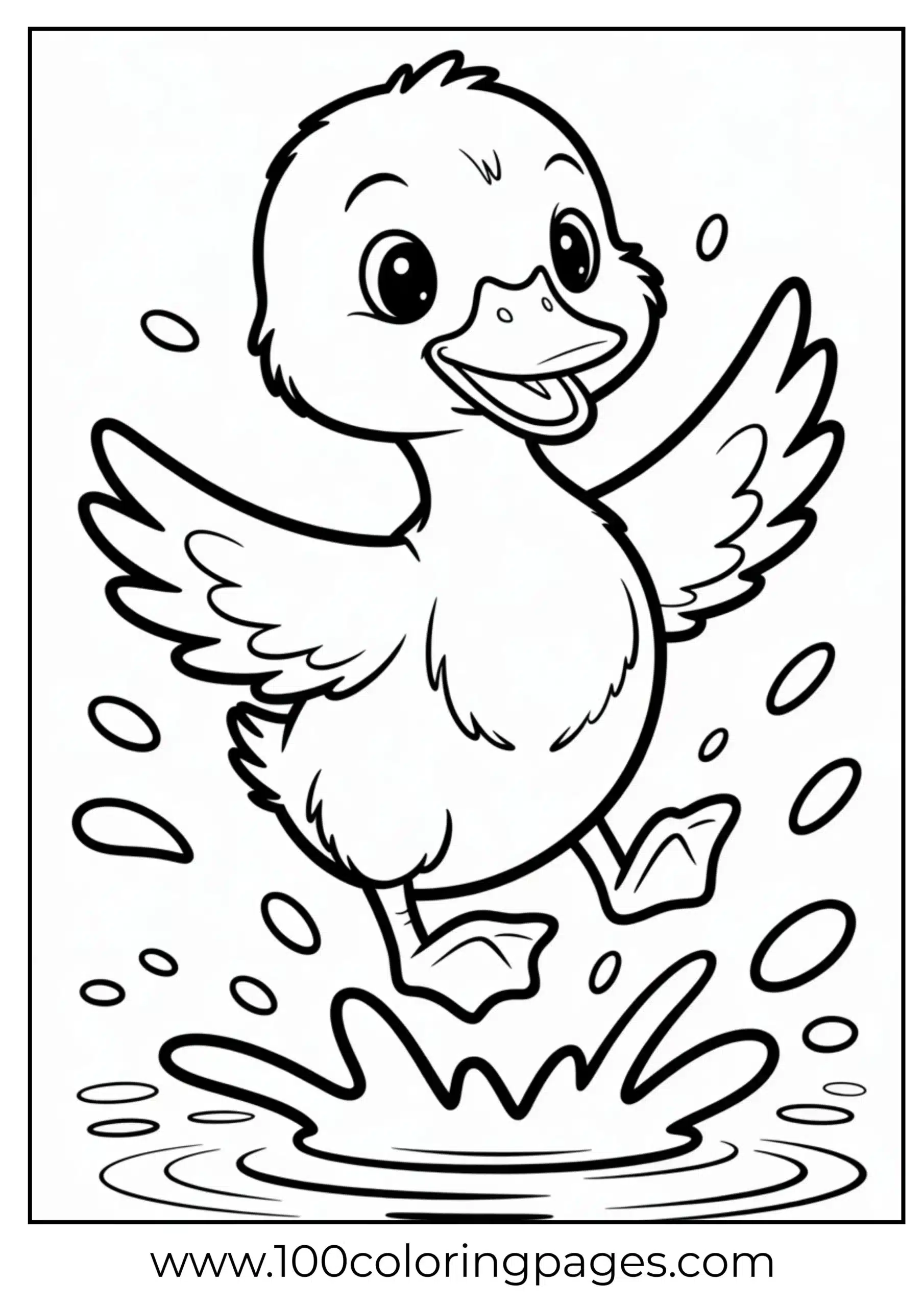 Cute duckling flapping wings over splash coloring page