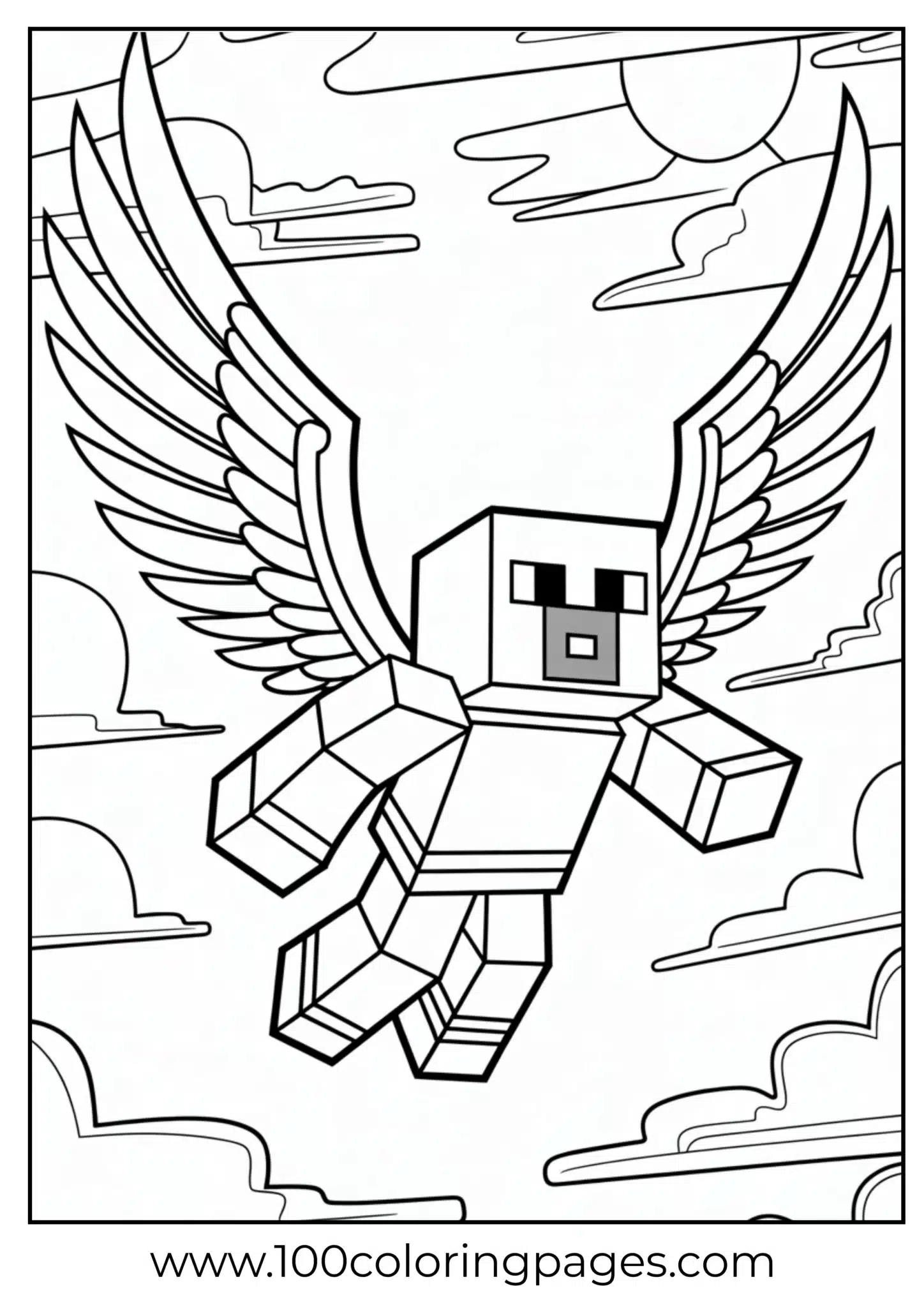 Cartoon block character with wings flying among clouds