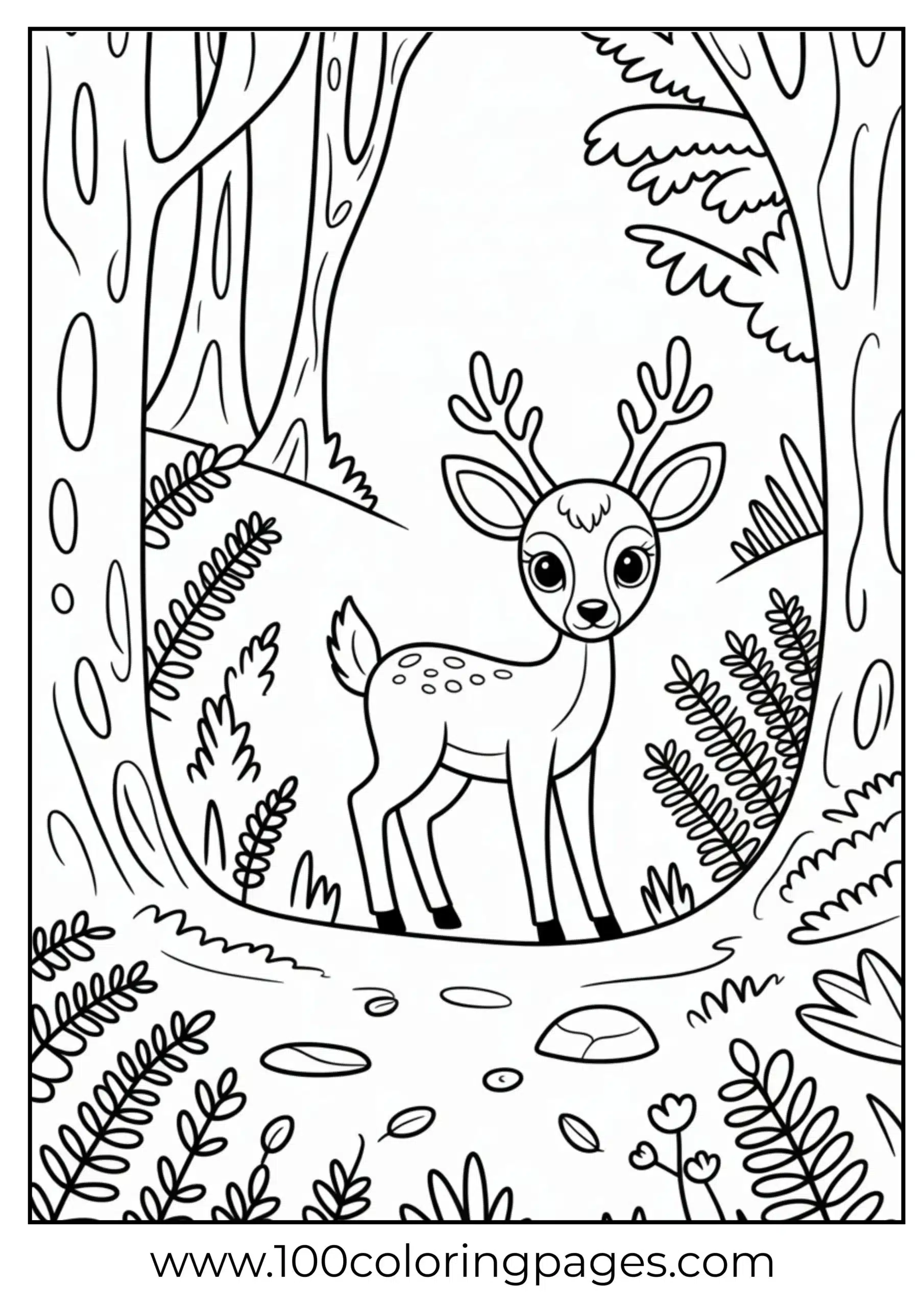Cute baby deer in forest coloring page