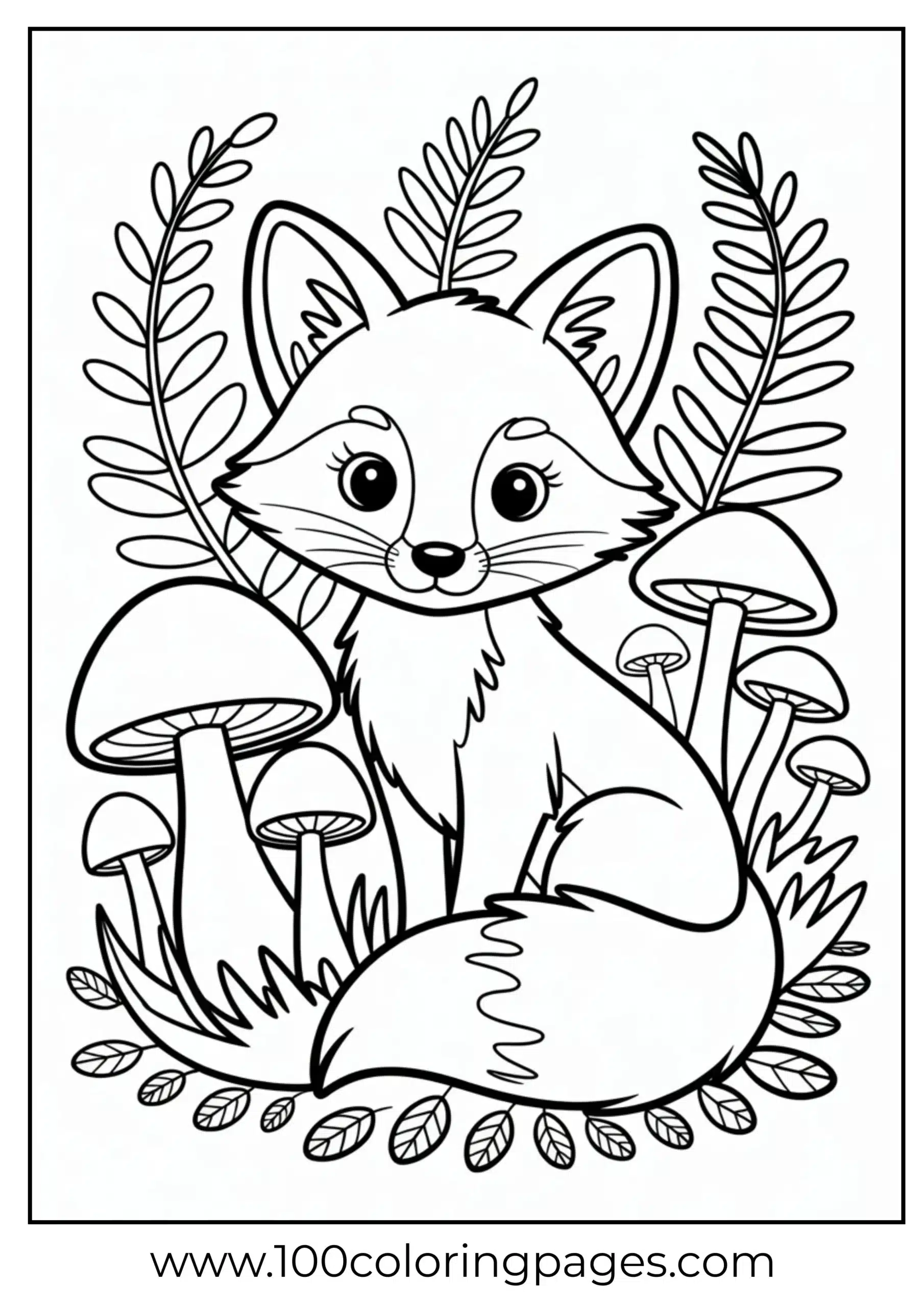 Fox sitting near mushrooms in forest