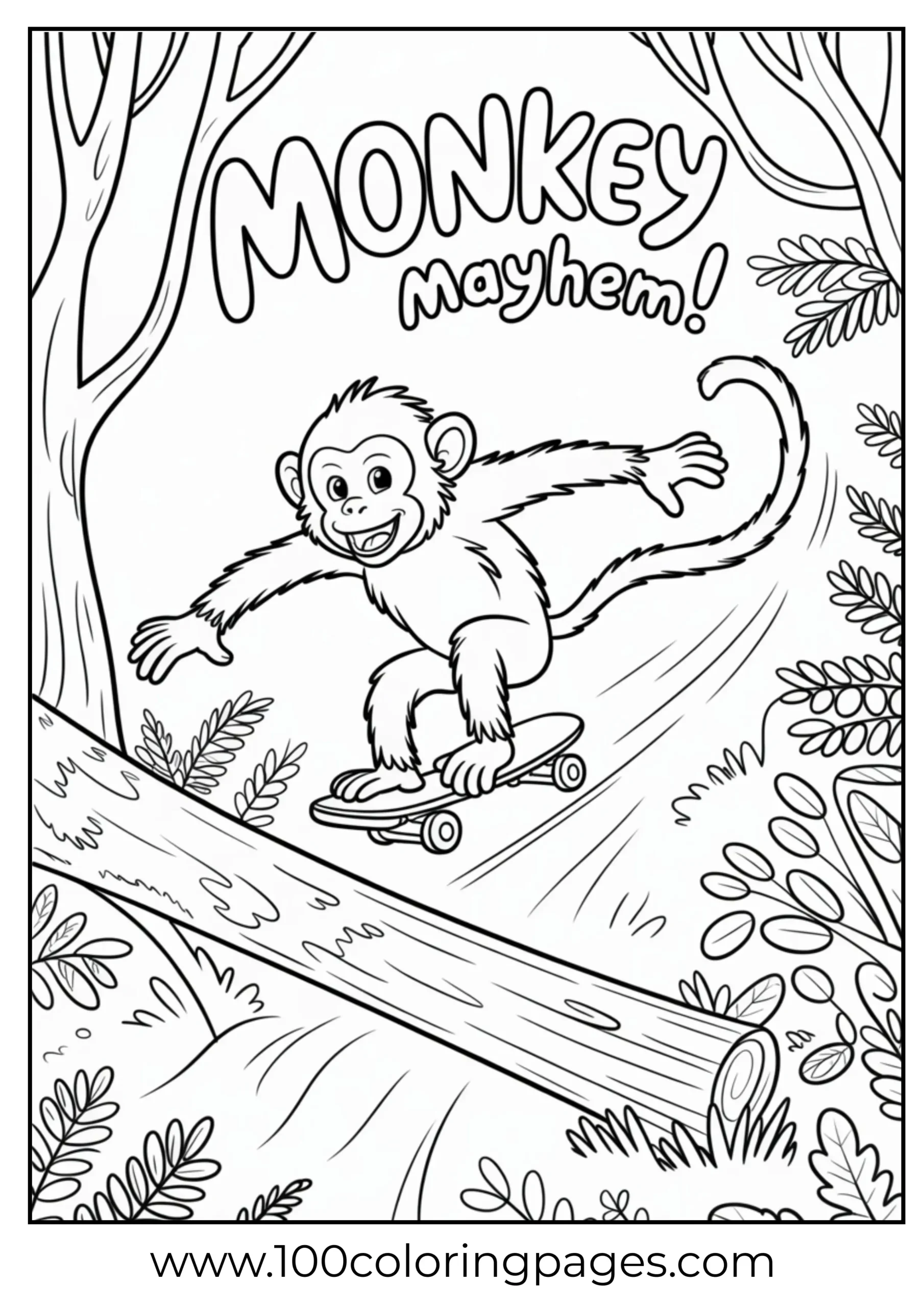 Monkey skateboarding in forest coloring page