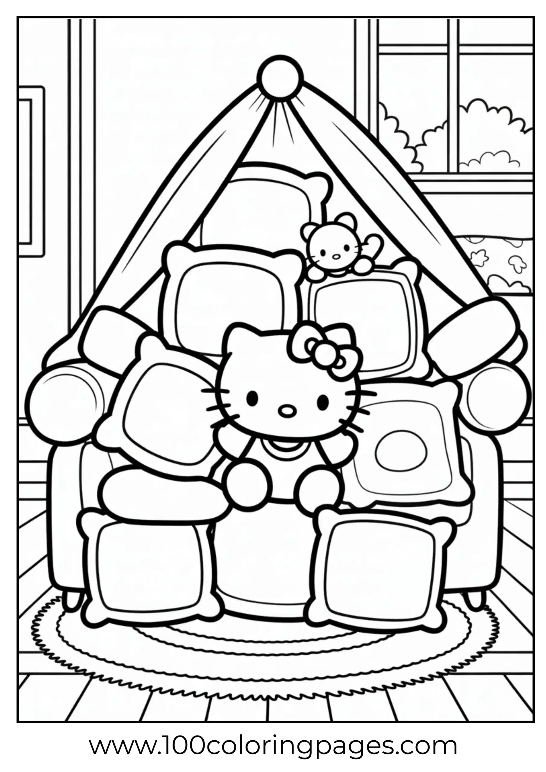 Hello Kitty building pillow fort coloring page