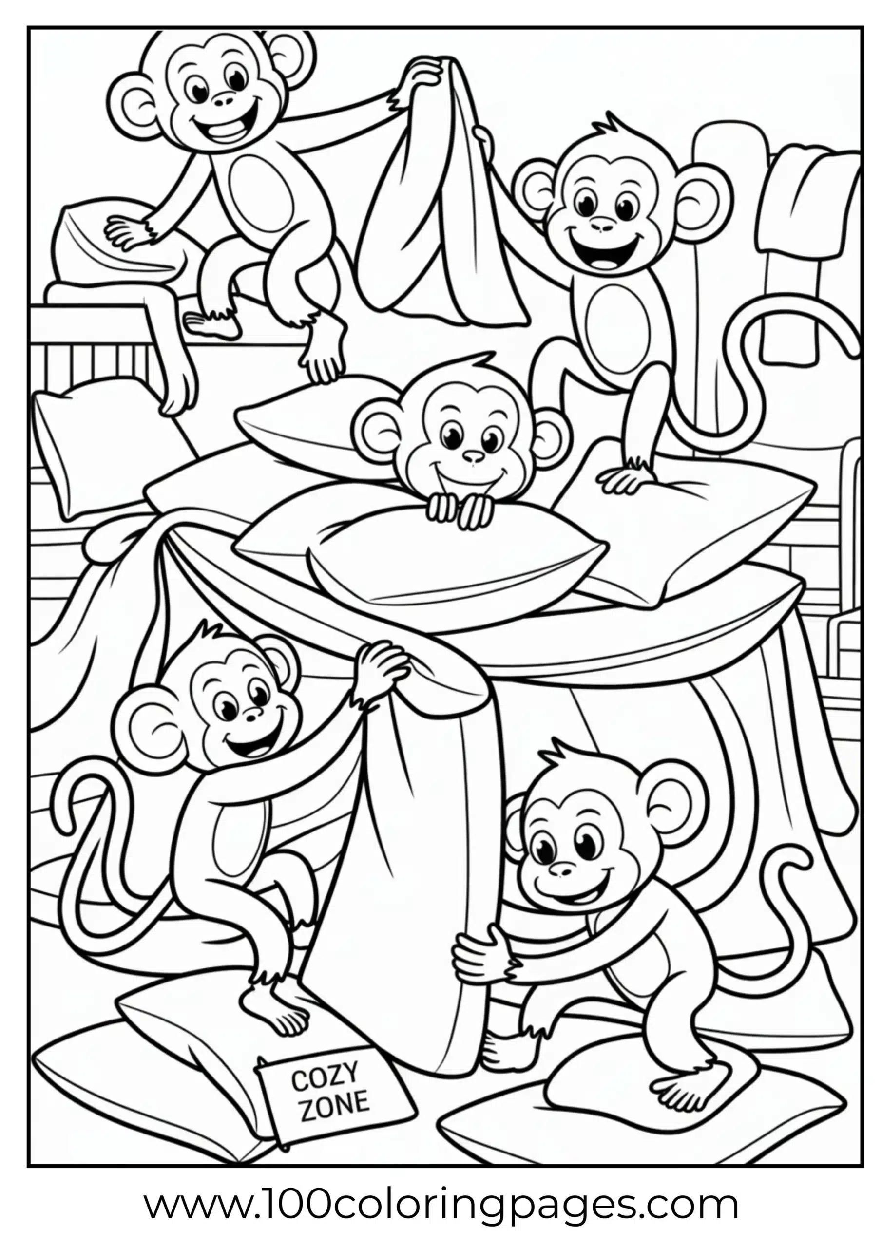 Monkey building pillow fort coloring page