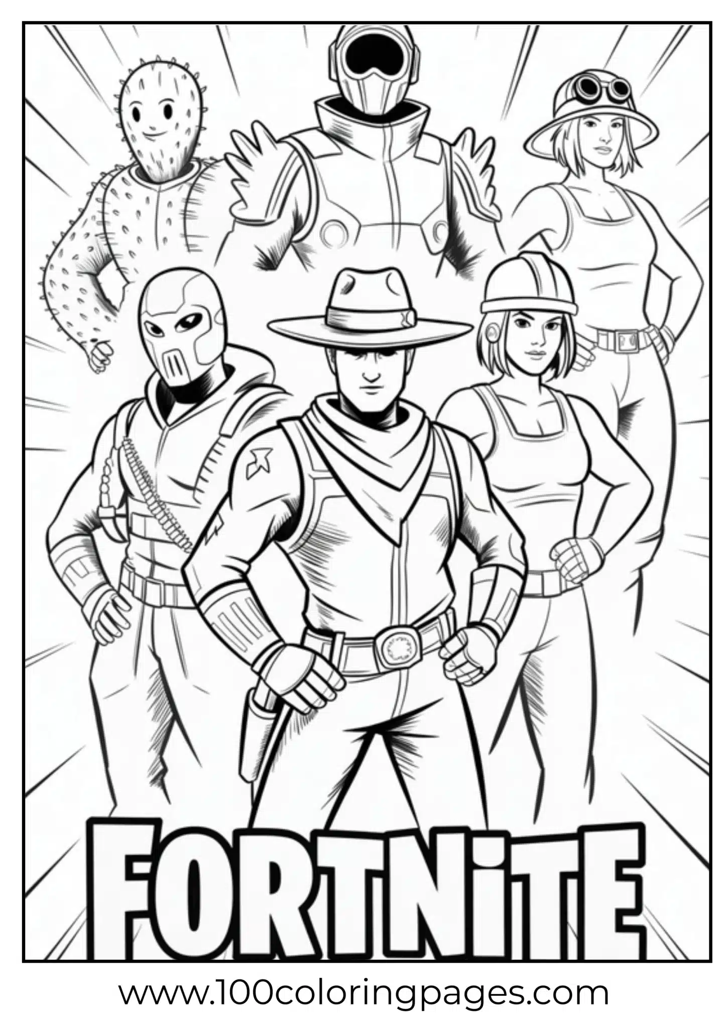 Line art of Fortnite characters in various outfits for coloring