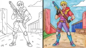 Fortnite coloring pages featuring a confident character holding a blaster, shown in black and white and fully colored side-by-side for creative fun.