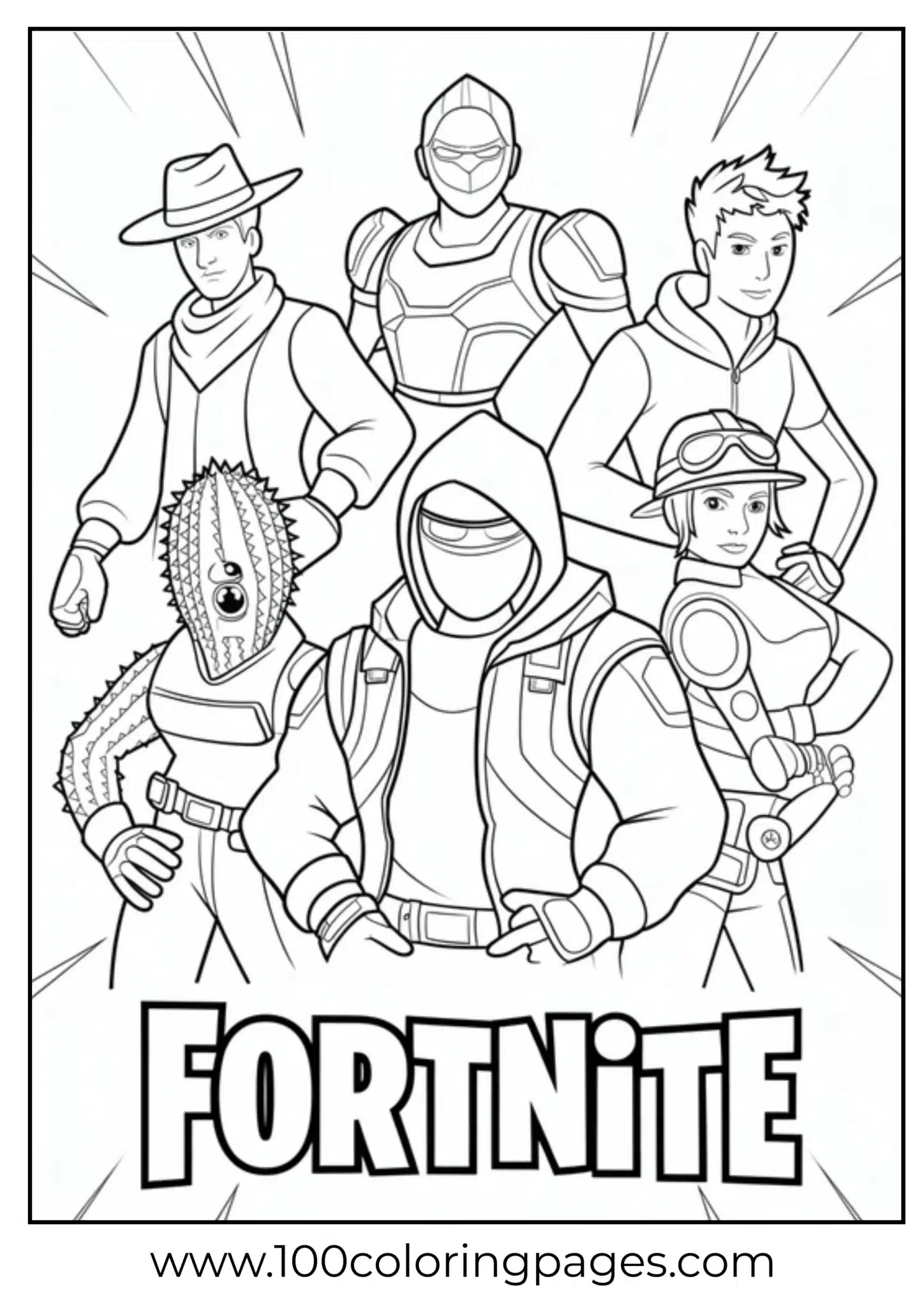 Fortnite characters group for coloring, with bold outlines