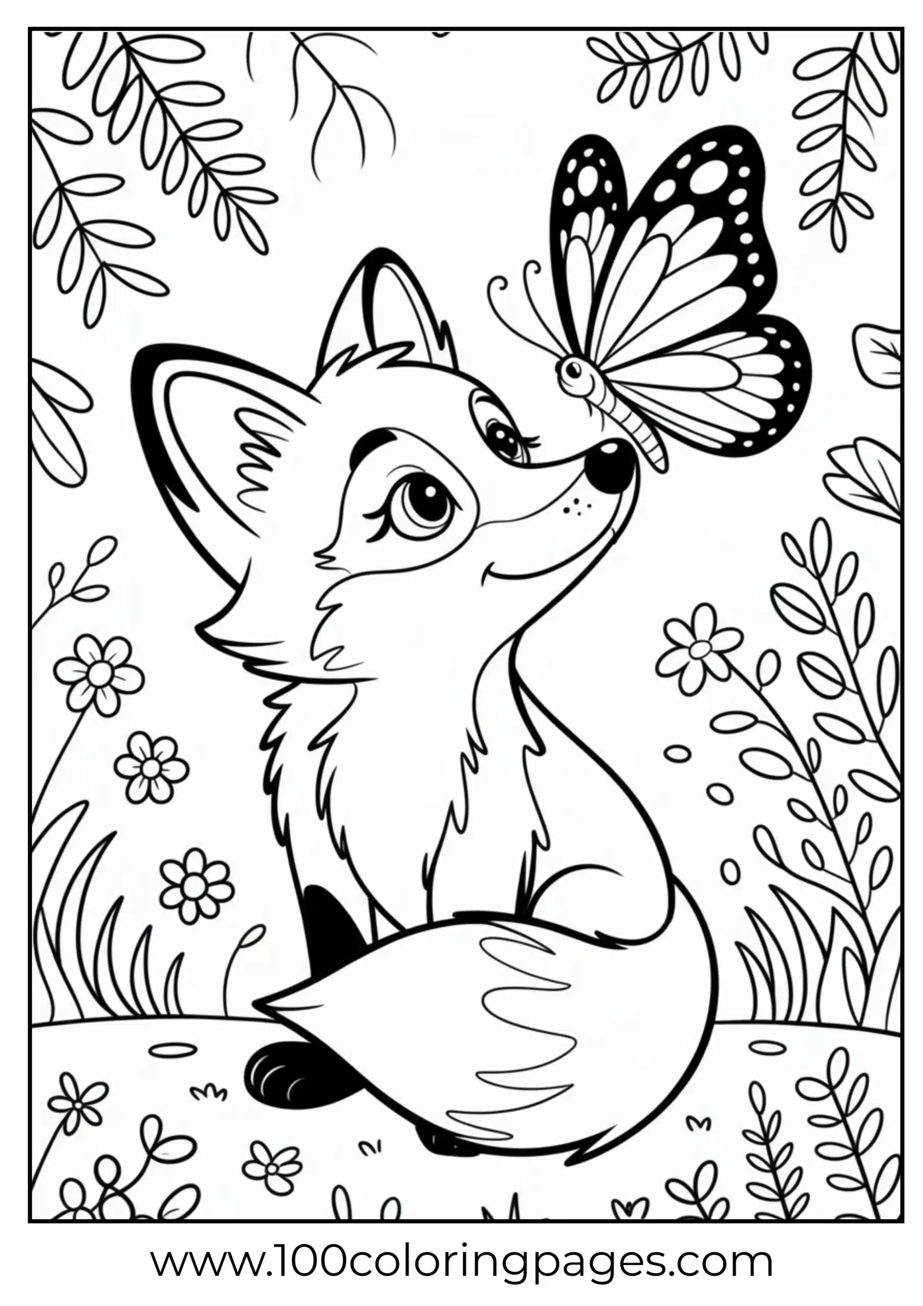 Fox gazing at butterfly on nose in forest