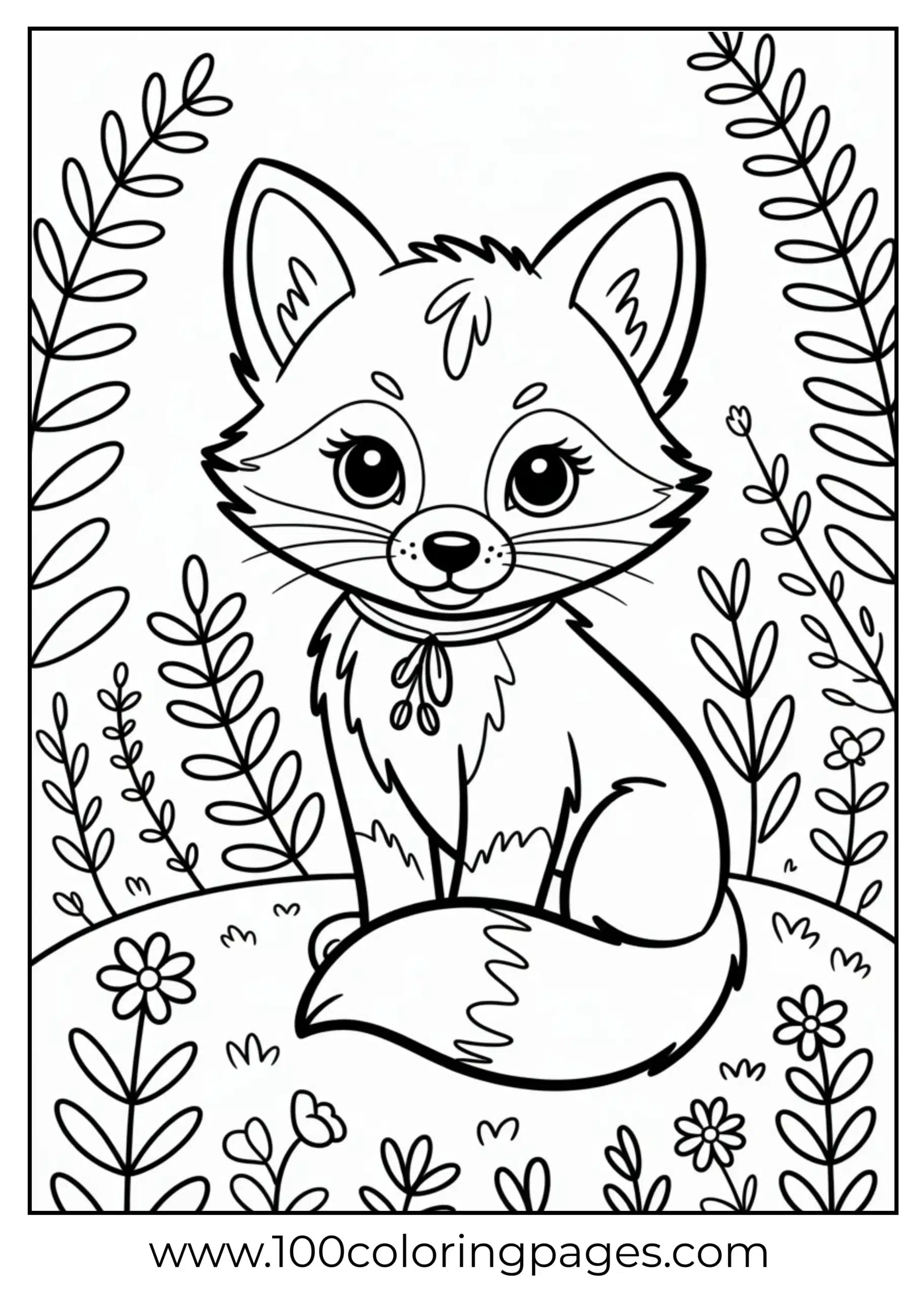 Cute fox cub sitting with curled tail coloring page