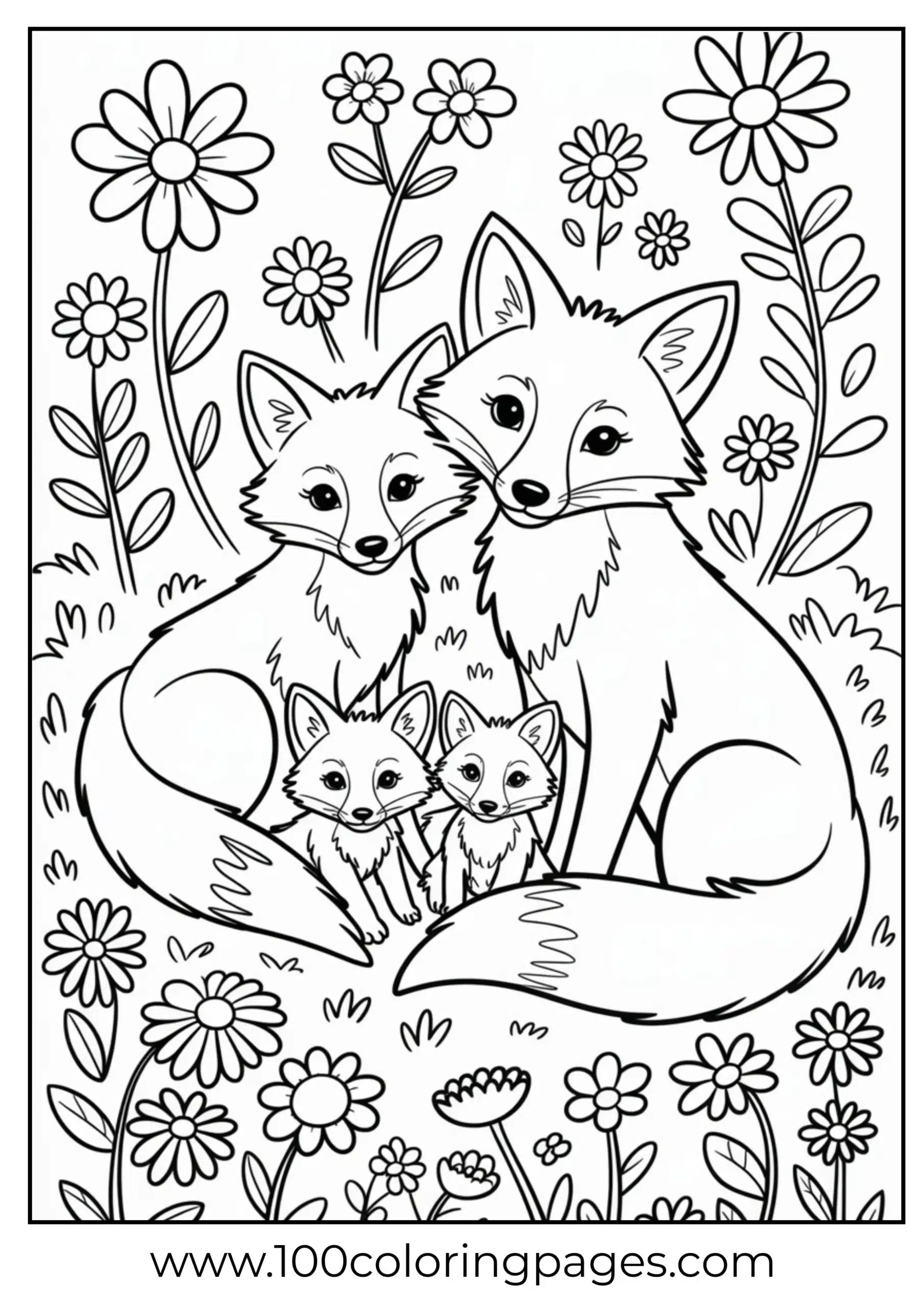 Four foxes sitting in flower meadow