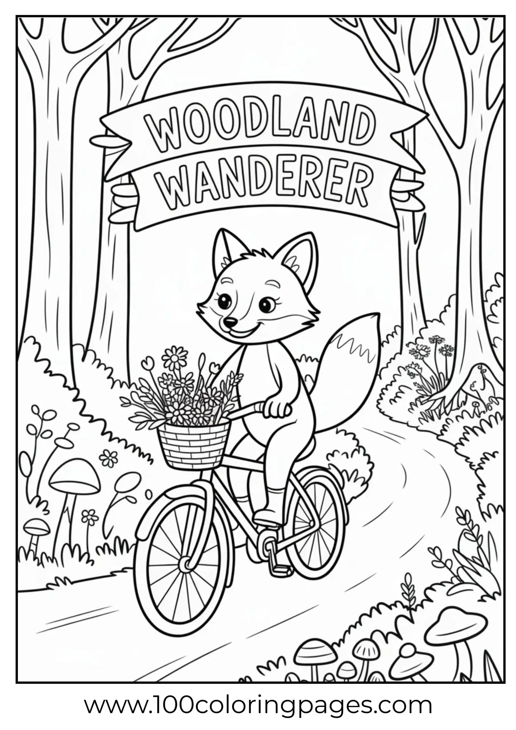 Fox biking with flower basket in forest
