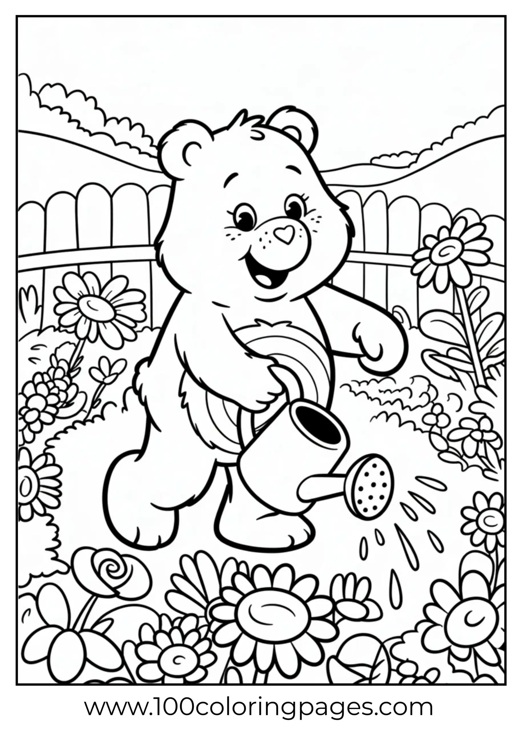Friend Bear watering plants coloring page