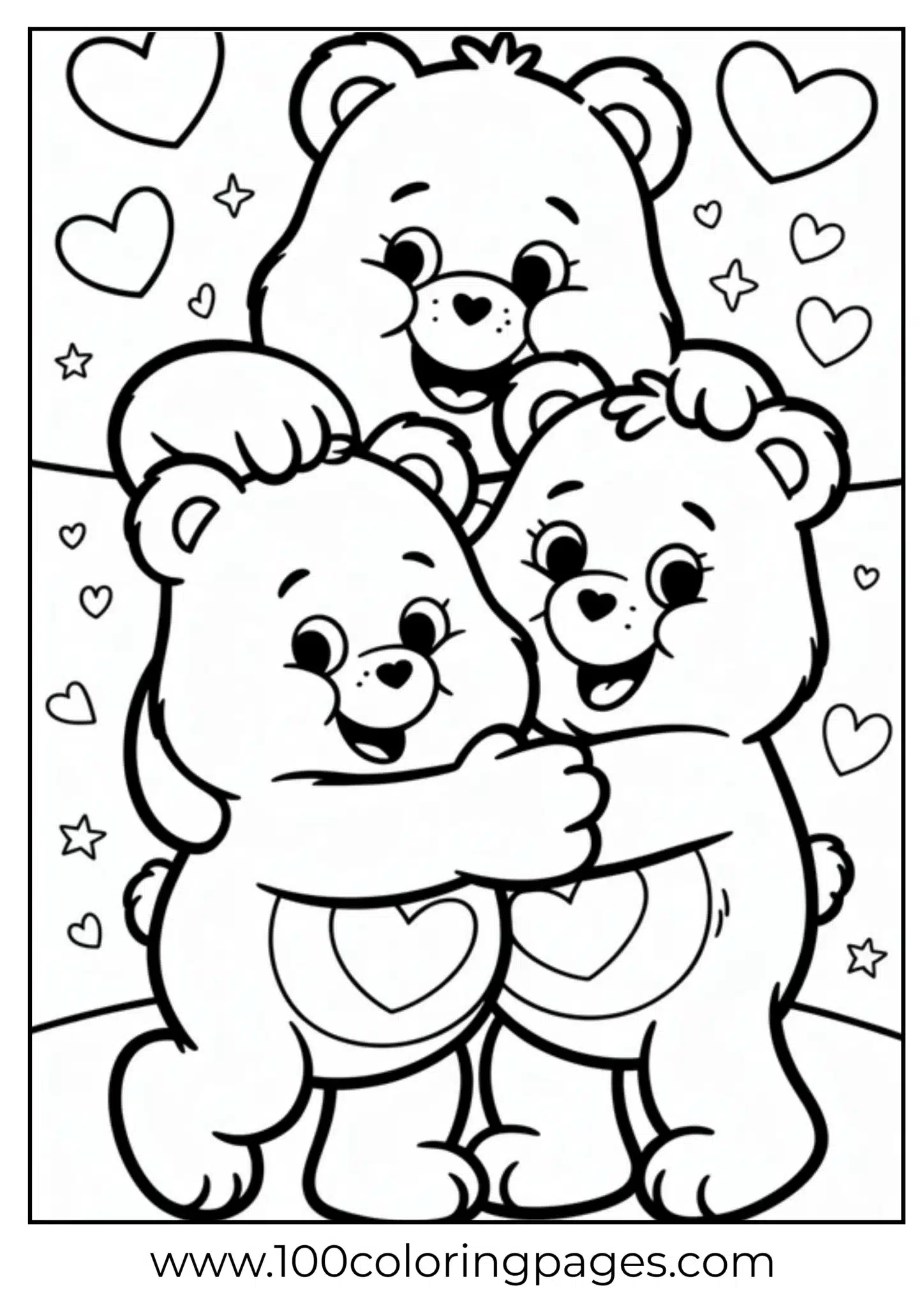 Three cheerful bears hugging with hearts and stars around them