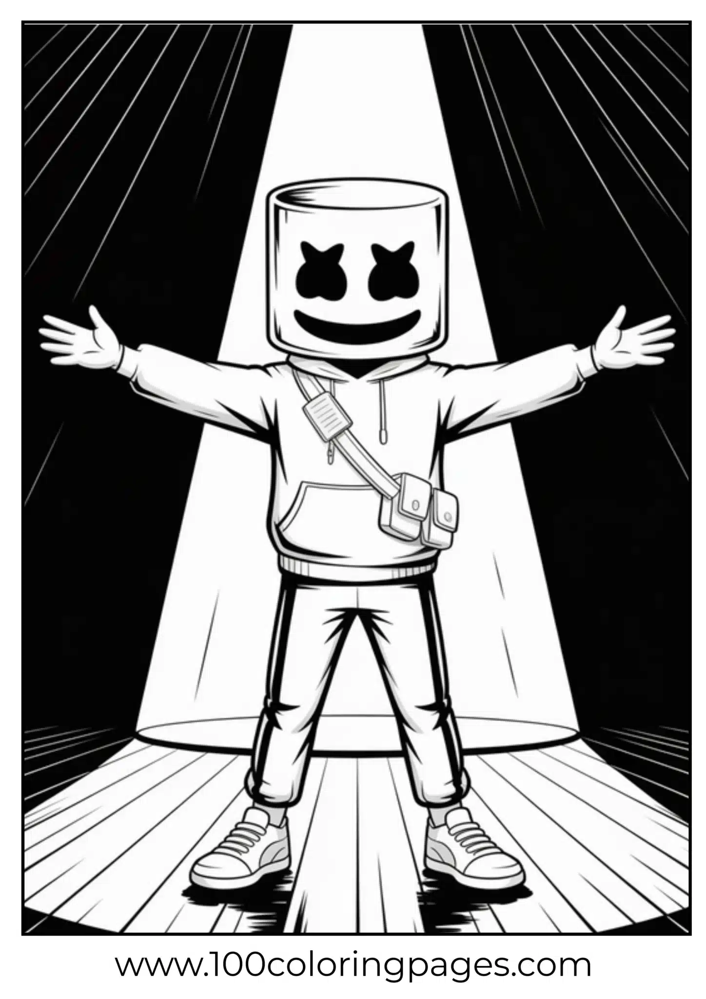 A cartoon character with a block for a head under a spotlight