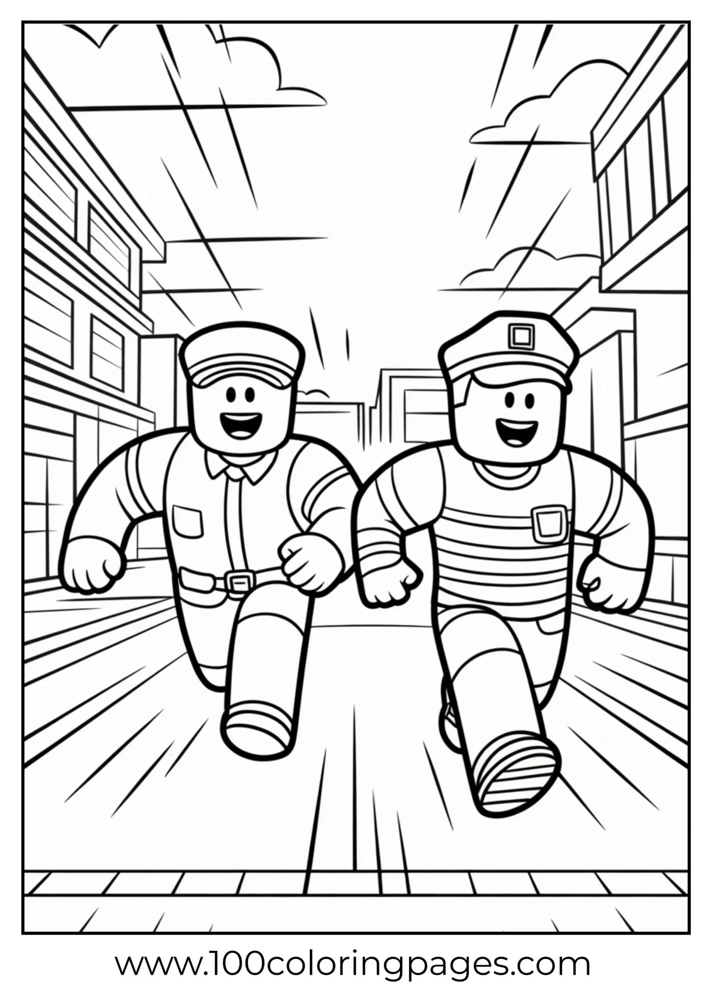 Two smiling firefighters running in a city street