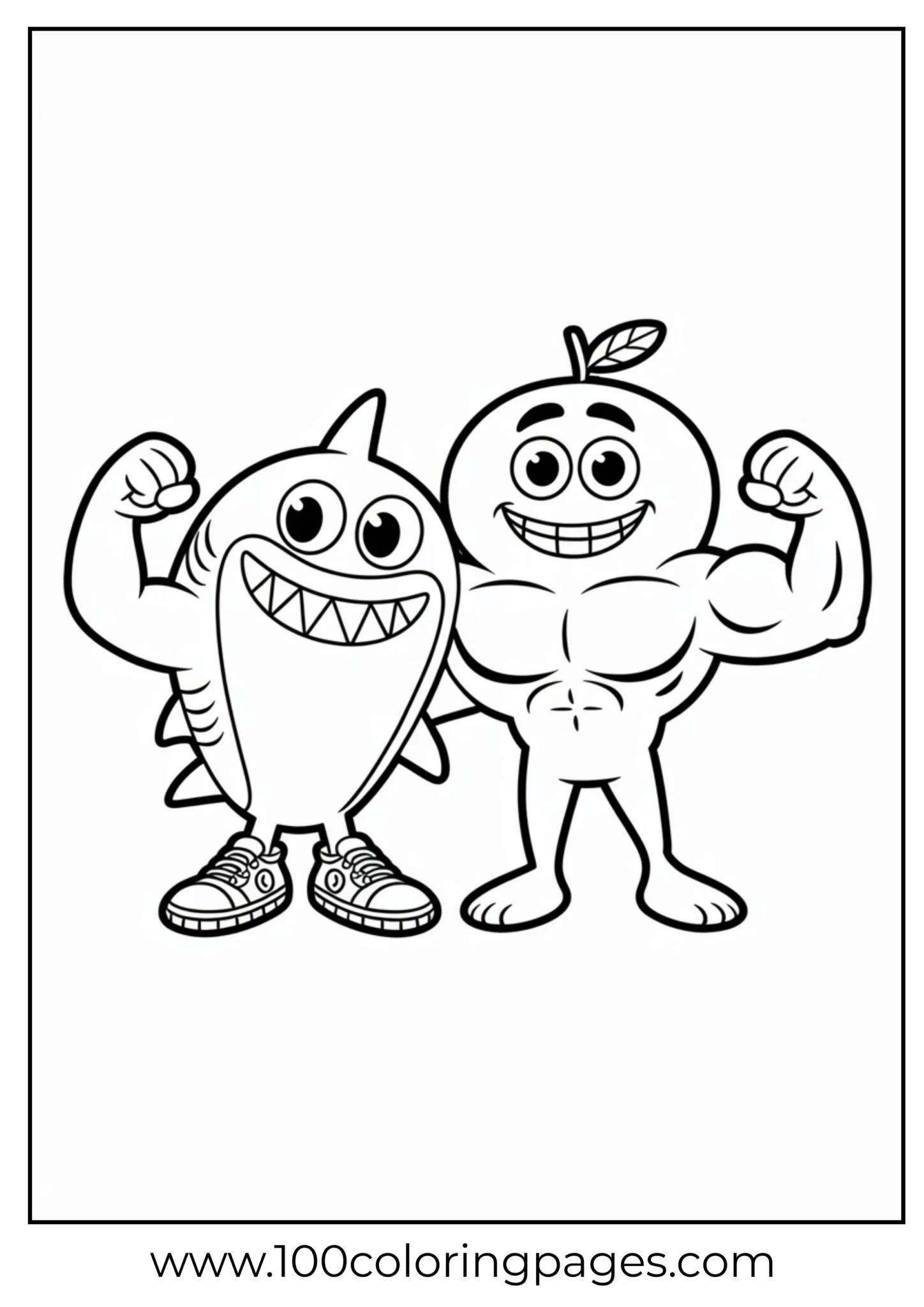 A monster and muscular apple, both smiling, ready to color