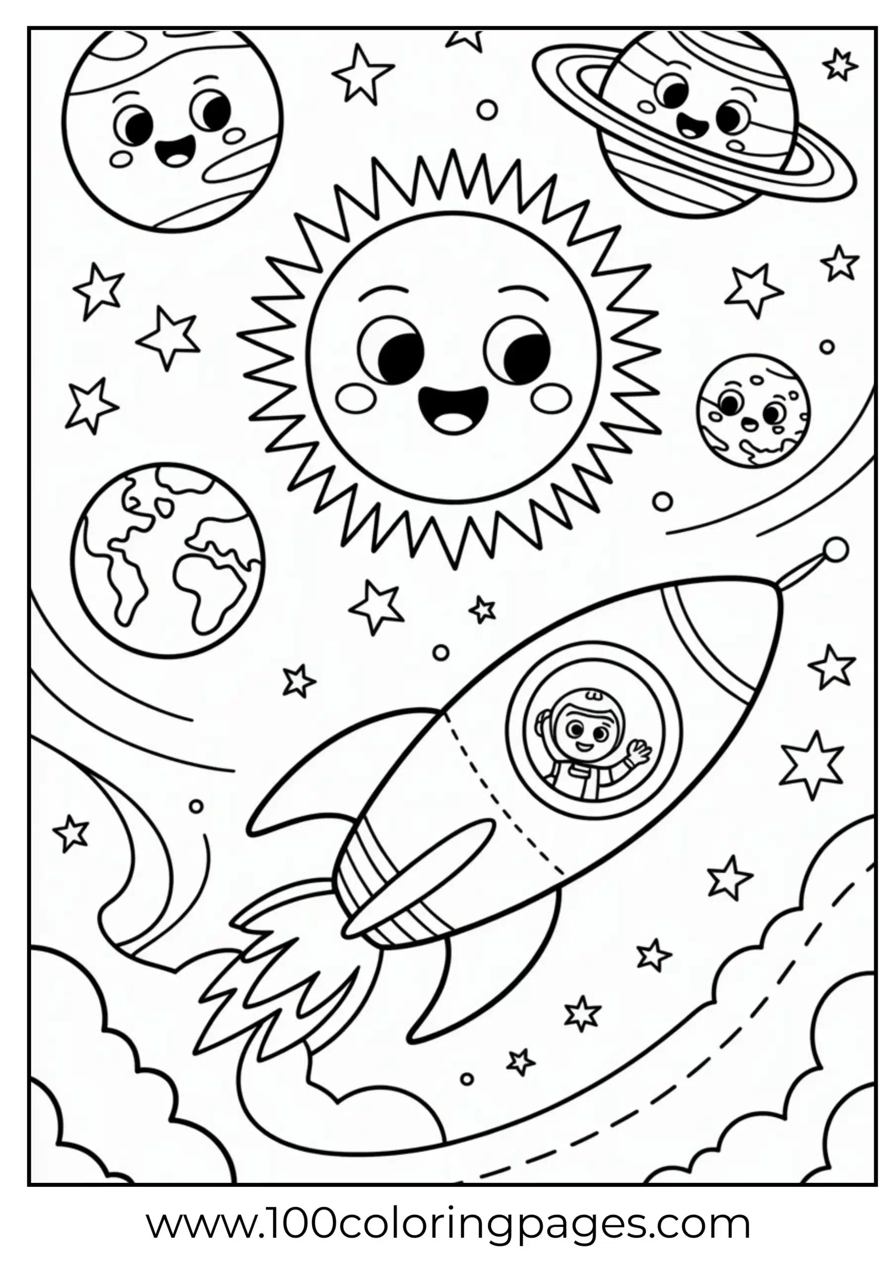 Cartoon solar system with smiling planets coloring page