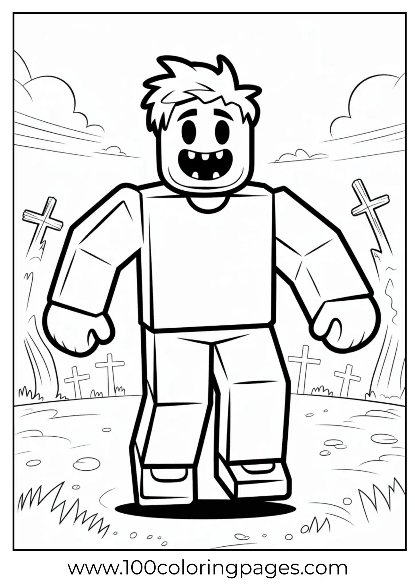 Cartoon zombie standing in a cemetery with crosses