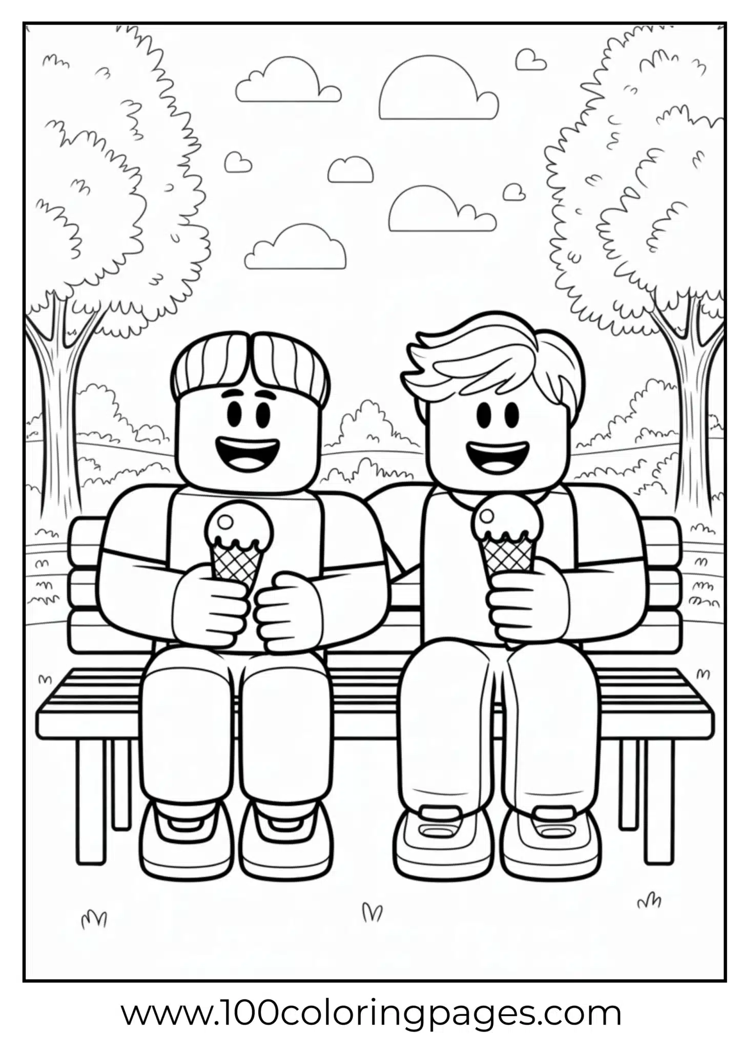 Two friends with ice creams sitting on a park bench