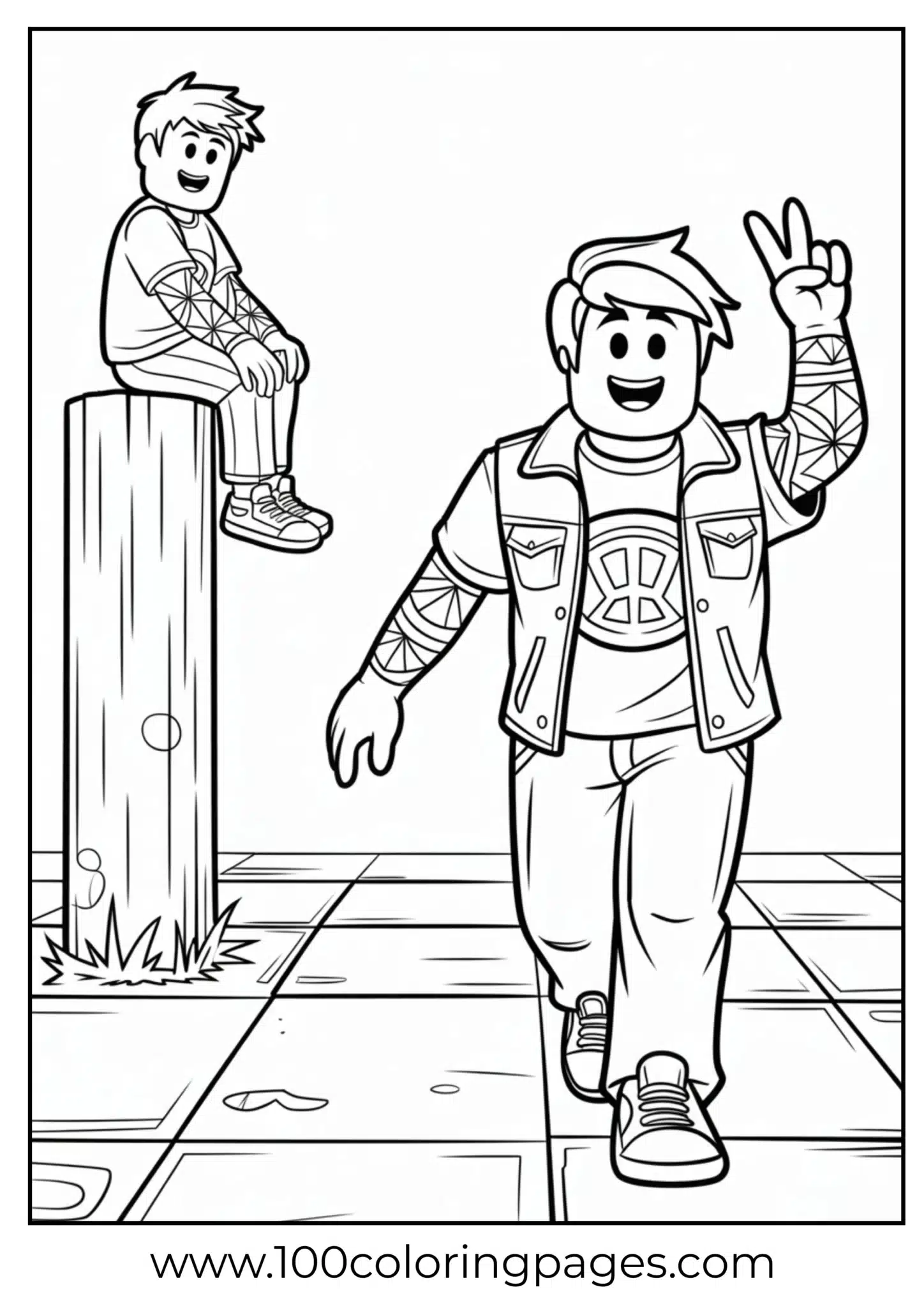 Two boys smiling and posing in a city scene for coloring