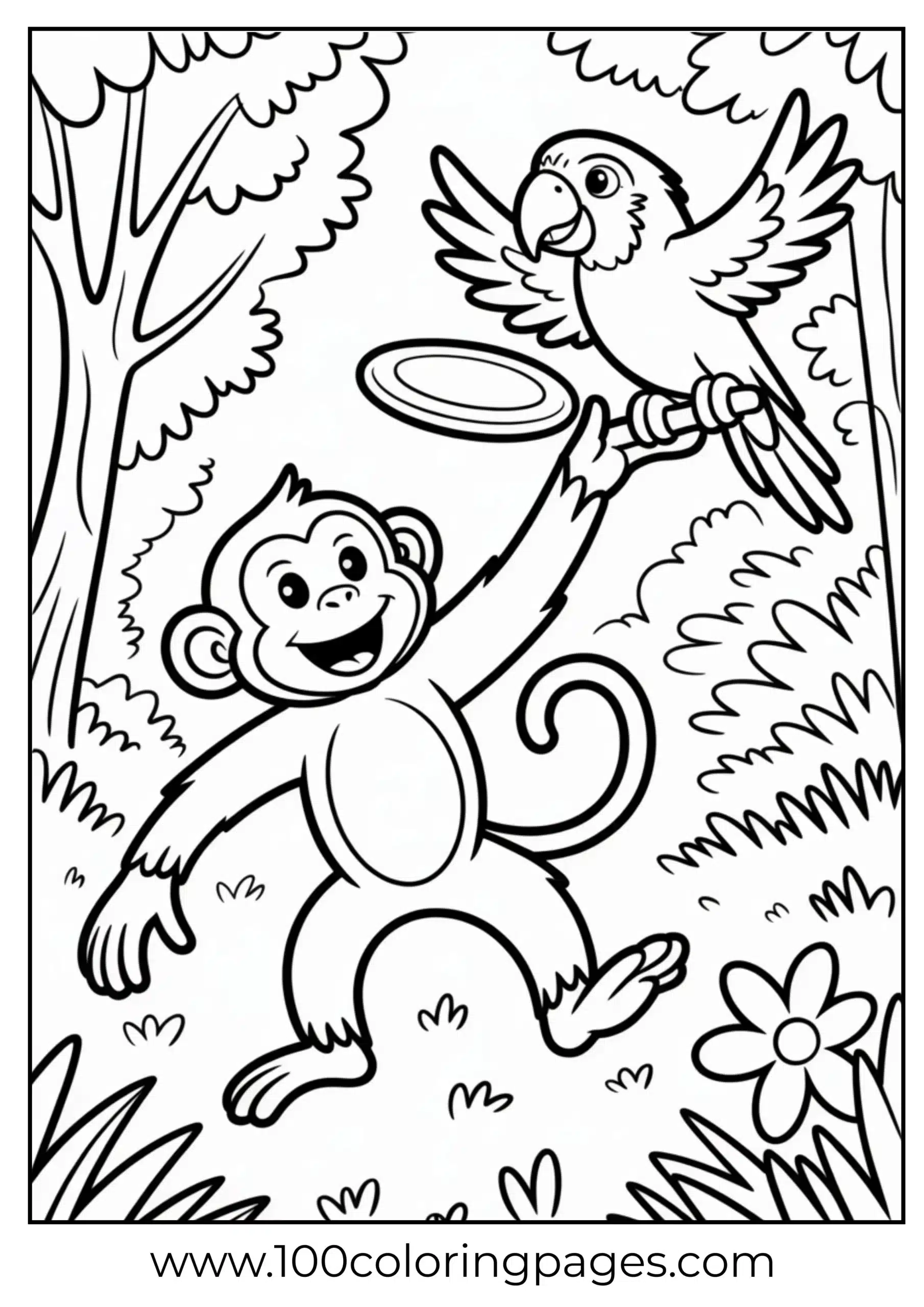 Monkey playing frisbee with parrot coloring page