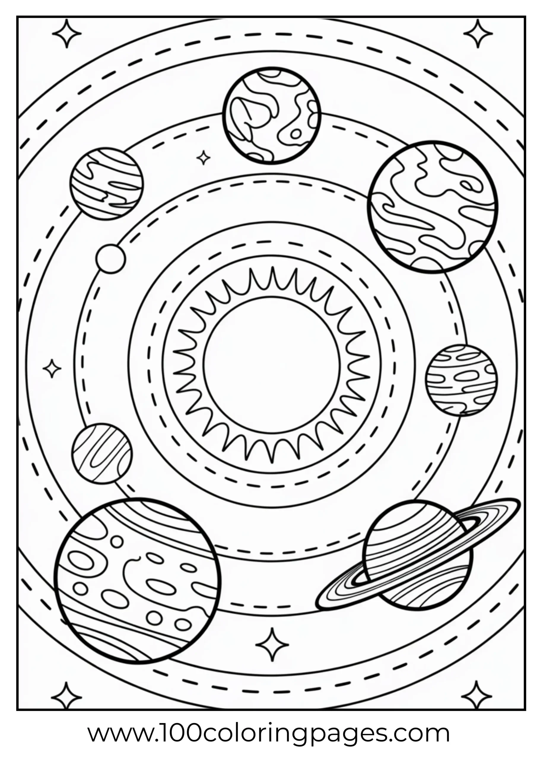Solar system map coloring page with sun and planets