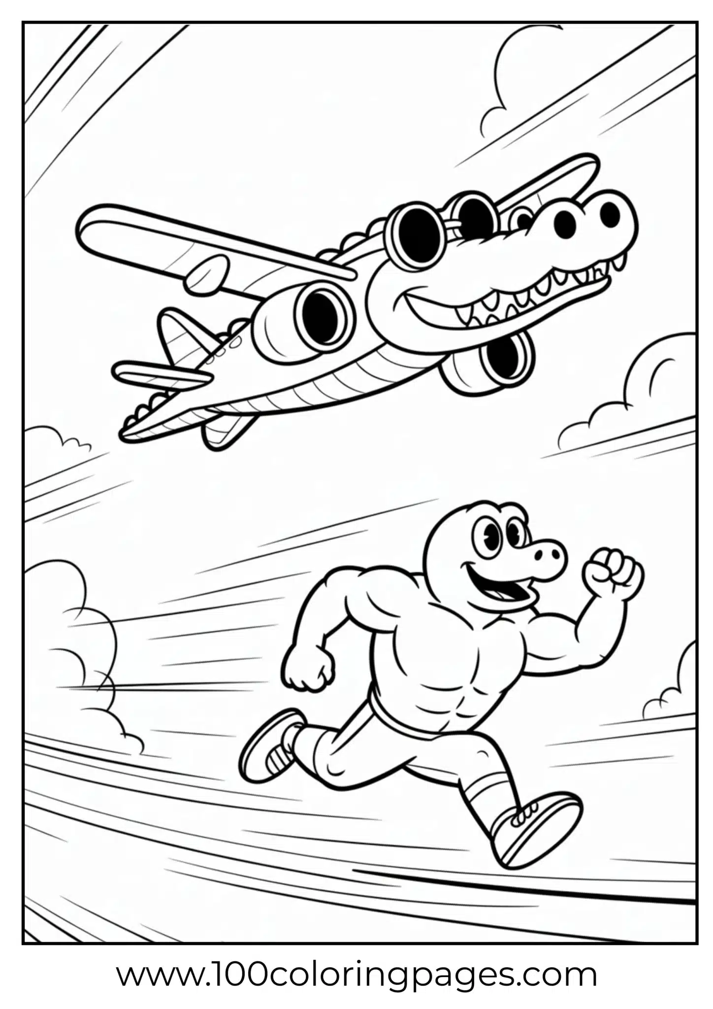 Cartoon airplane and muscle-bound turtle running in the sky