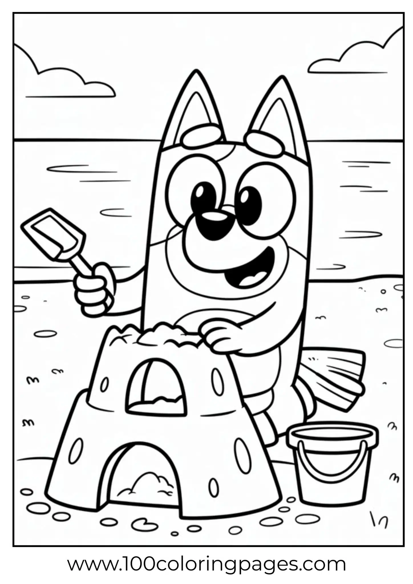 Cat building a sandcastle on the beach coloring page