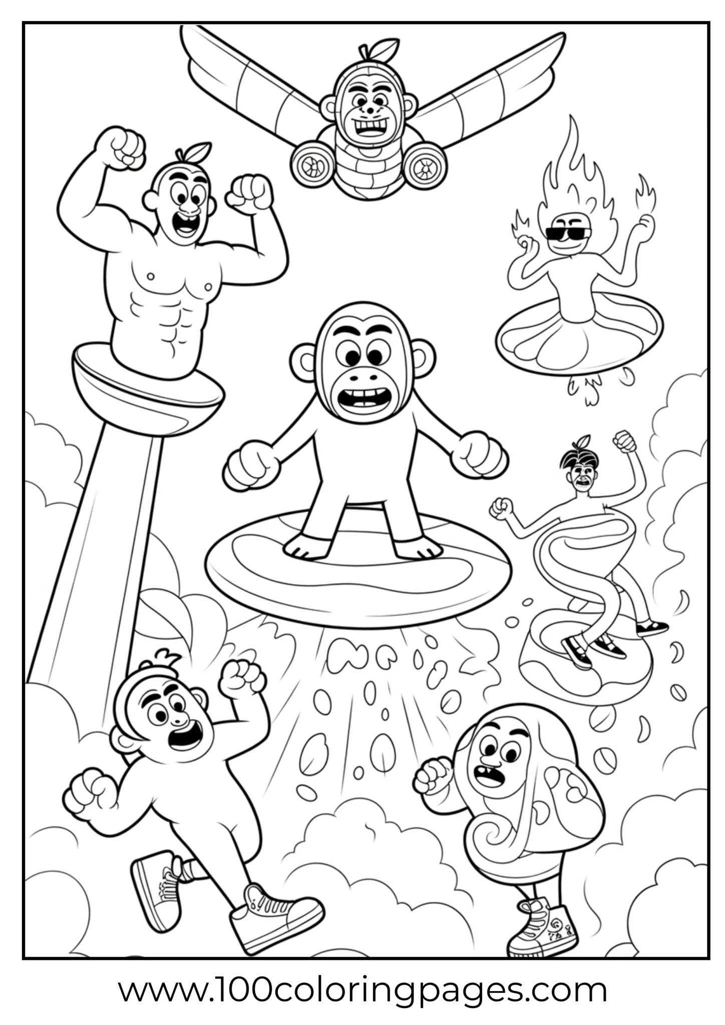 Cartoon characters in dynamic poses ready for coloring