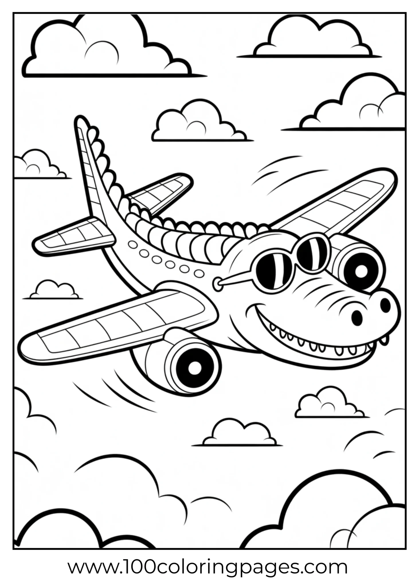 Funny airplane with smiling face and cute sunglasses flying